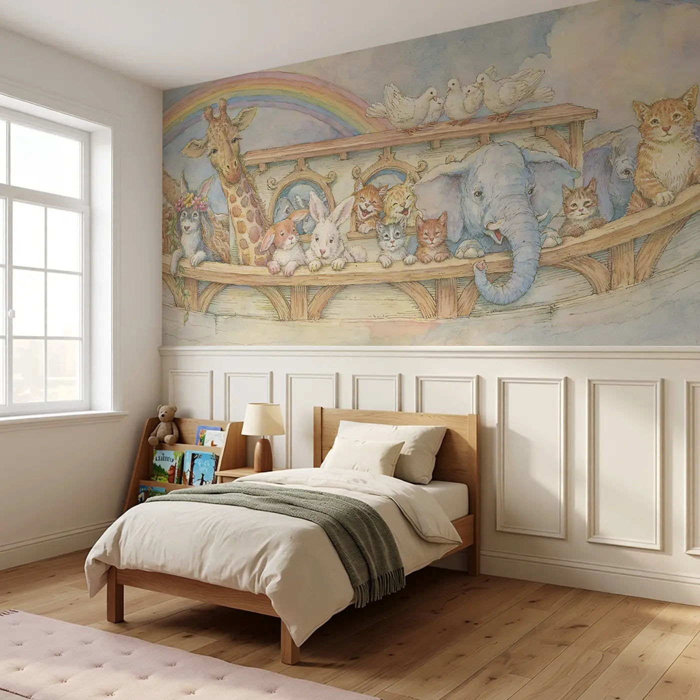 Noah Ark Animals Peeking Wainscoting Wallpaper styled in a kids bedroom by Whimsy Tots