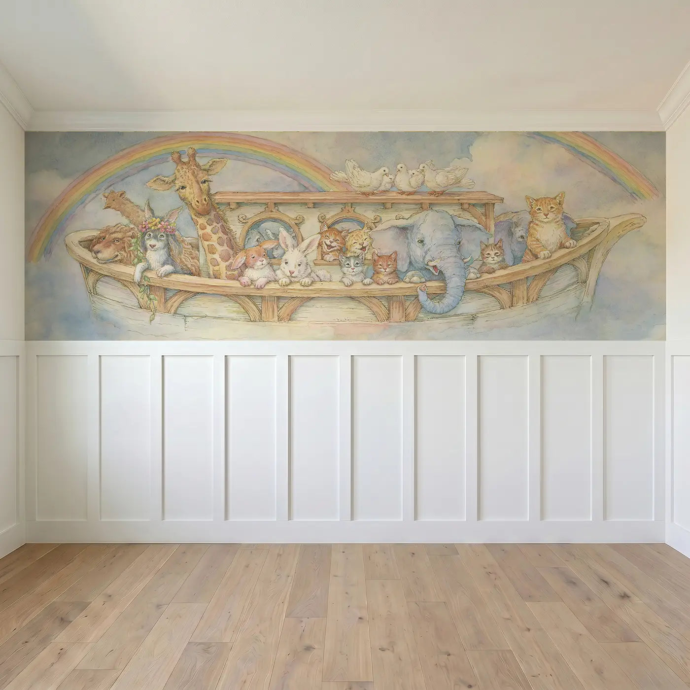 Full panel view of Noah Ark Animals Peeking Wainscoting Wallpaper by Whimsy Tots