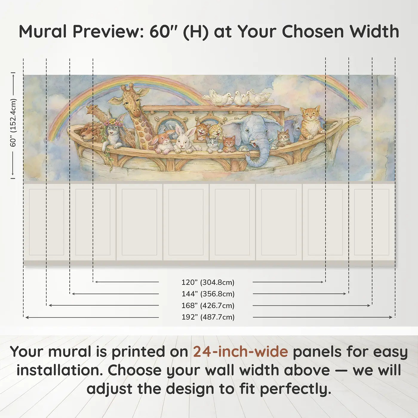 Panel dimensions for Noah Ark Animals Peeking Wainscoting Wallpaper by Whimsy Tots