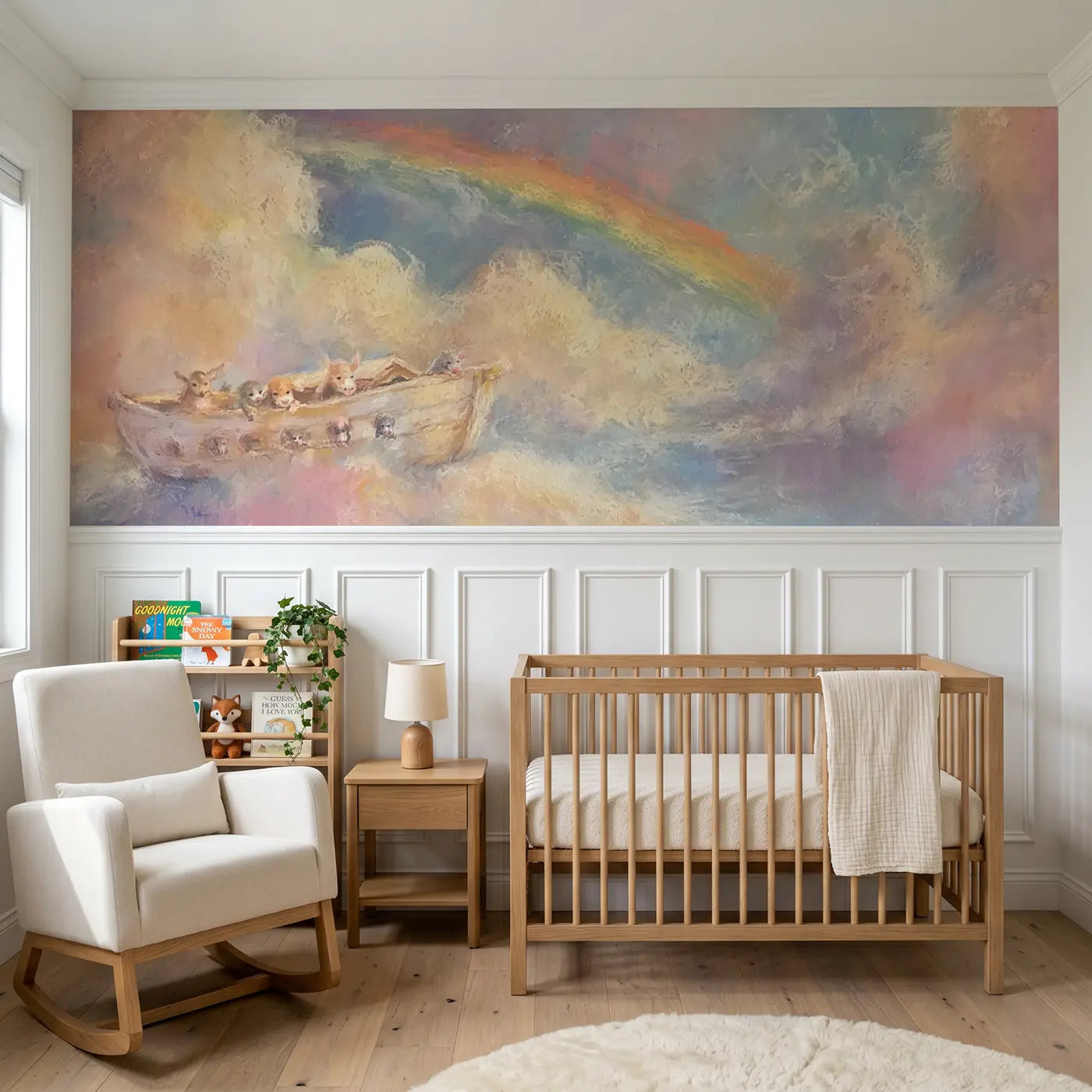 Soft Pastel ark drifts under a chalk rainbow wainscoting wallpaper for nursery by Whimsy Tots.