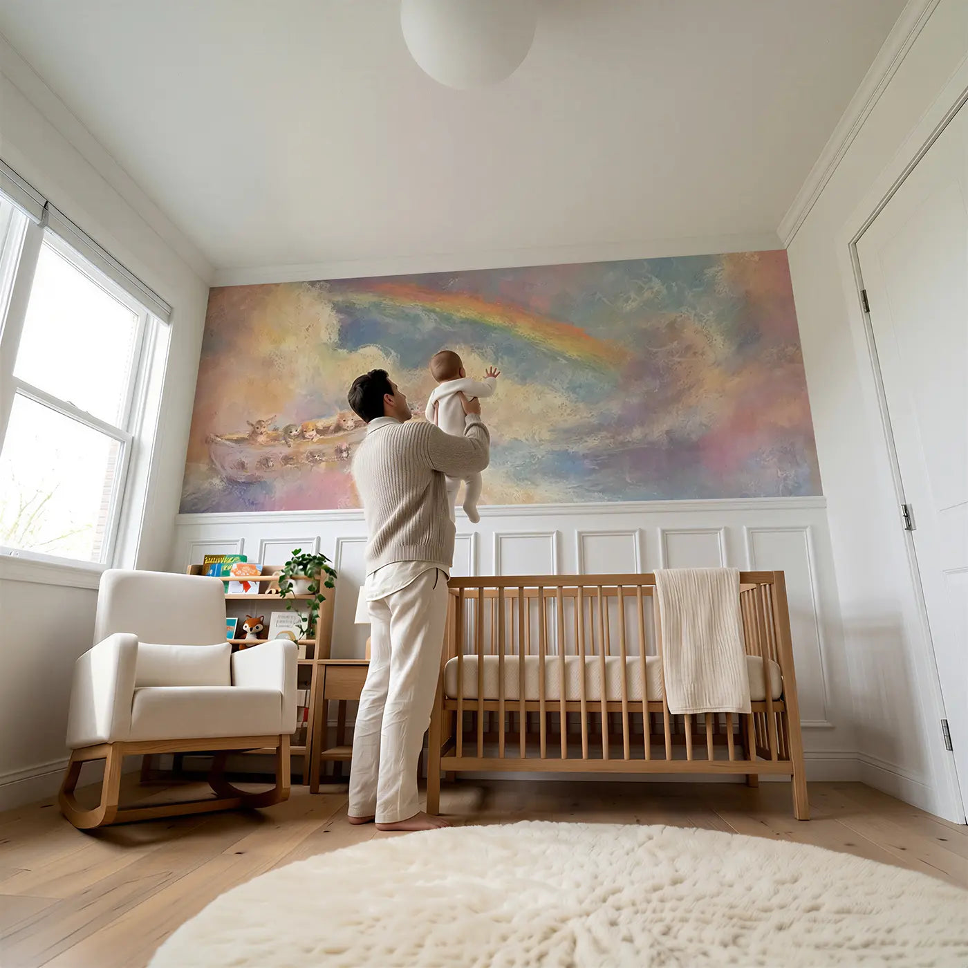 Child reading near Pastel Noah Ark Soft Baby Wainscoting Wallpaper by Whimsy Tots