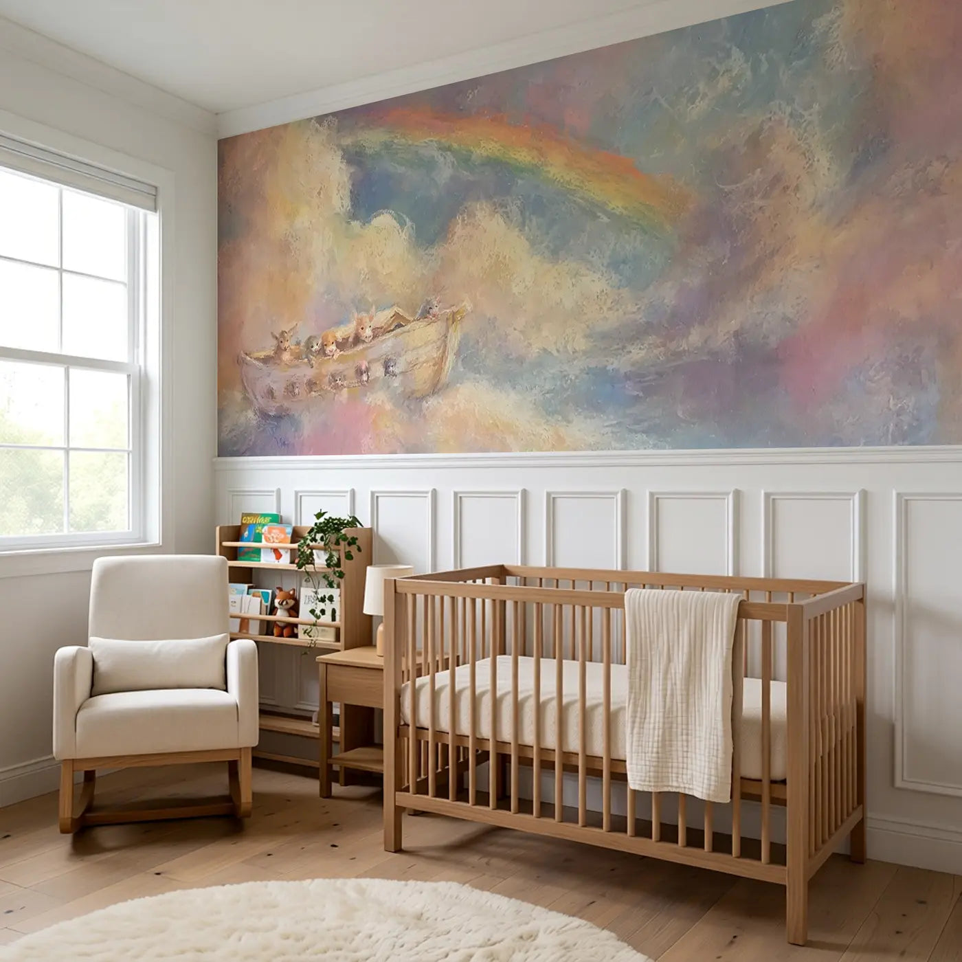 Pastel Noah Ark Soft Baby Wainscoting Wallpaper styled in a kids bedroom by Whimsy Tots