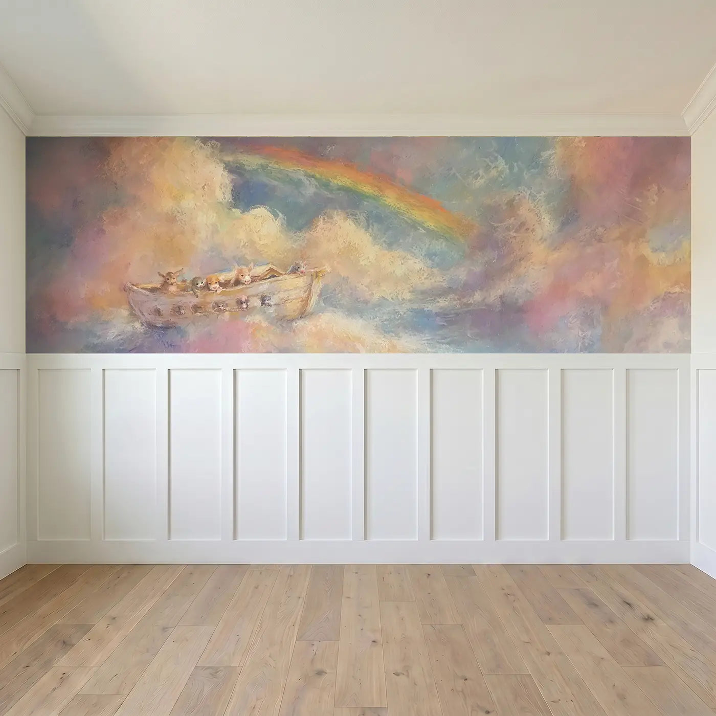 Full panel view of Pastel Noah Ark Soft Baby Wainscoting Wallpaper by Whimsy Tots