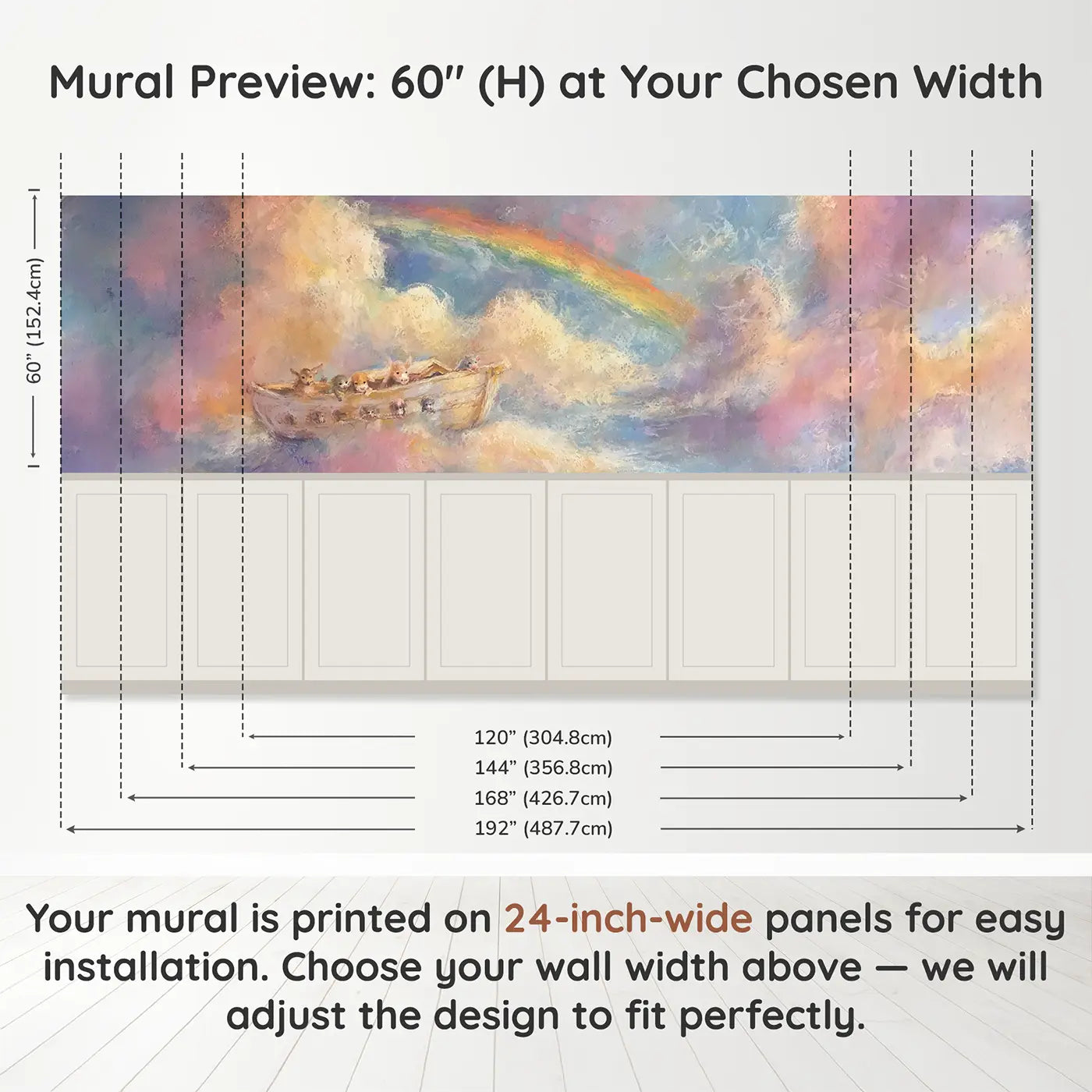 Panel dimensions for Pastel Noah Ark Soft Baby Wainscoting Wallpaper by Whimsy Tots
