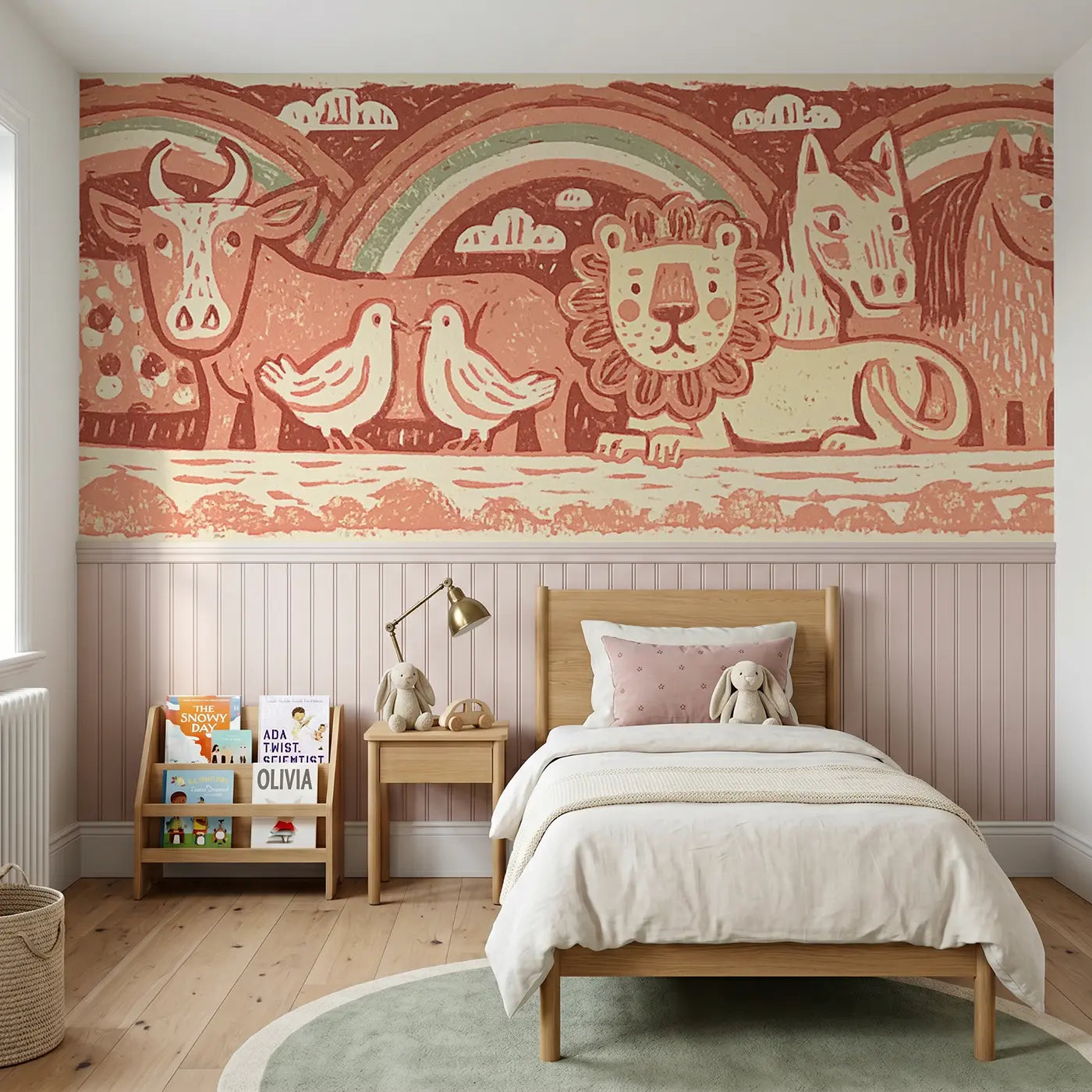 Block Print Noah ark folk rainbow wainscoting wallpaper for bedroom by Whimsy Tots.