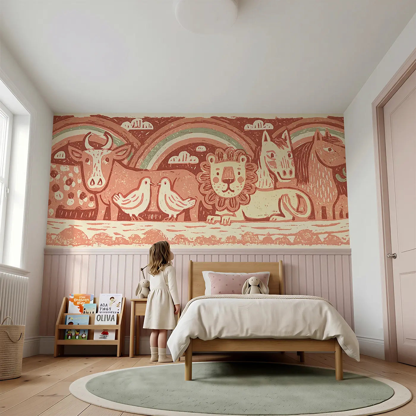 Child reading near Carved Noah Ark Folk Rainbow Wainscoting Wallpaper by Whimsy Tots