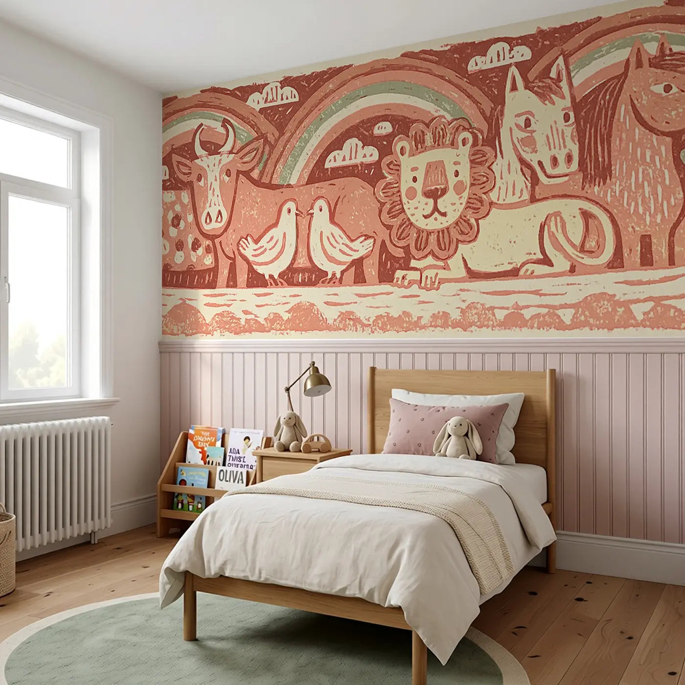 Carved Noah Ark Folk Rainbow Wainscoting Wallpaper styled in a kids bedroom by Whimsy Tots