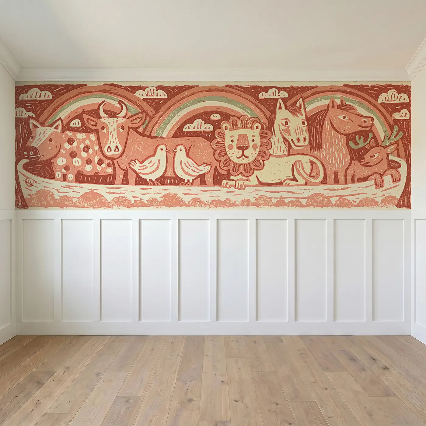 Full panel view of Carved Noah Ark Folk Rainbow Wainscoting Wallpaper by Whimsy Tots