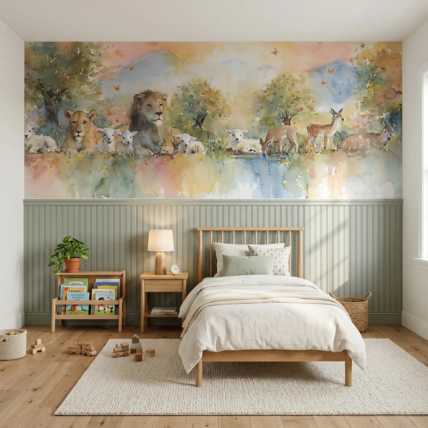 Watercolor creation garden gentle dawn wainscoting wallpaper for bedroom by Whimsy Tots.