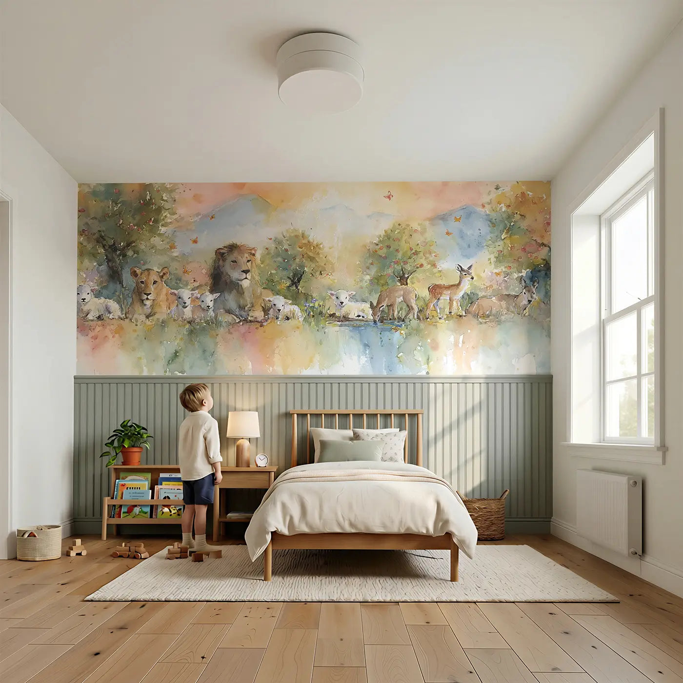 Child reading near Creation Garden Gentle Dawn Wainscoting Wallpaper by Whimsy Tots