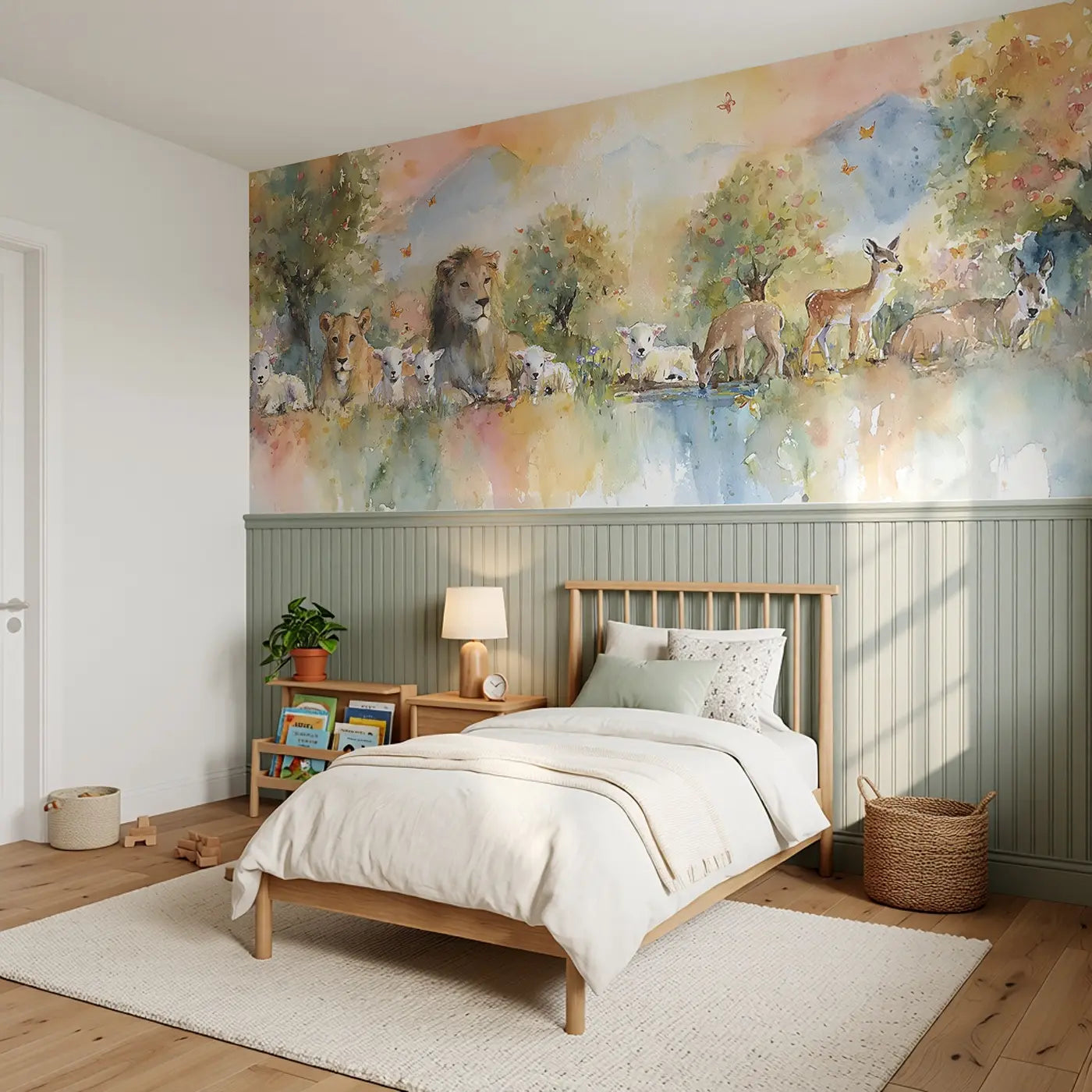 Creation Garden Gentle Dawn Wainscoting Wallpaper styled in a kids bedroom by Whimsy Tots