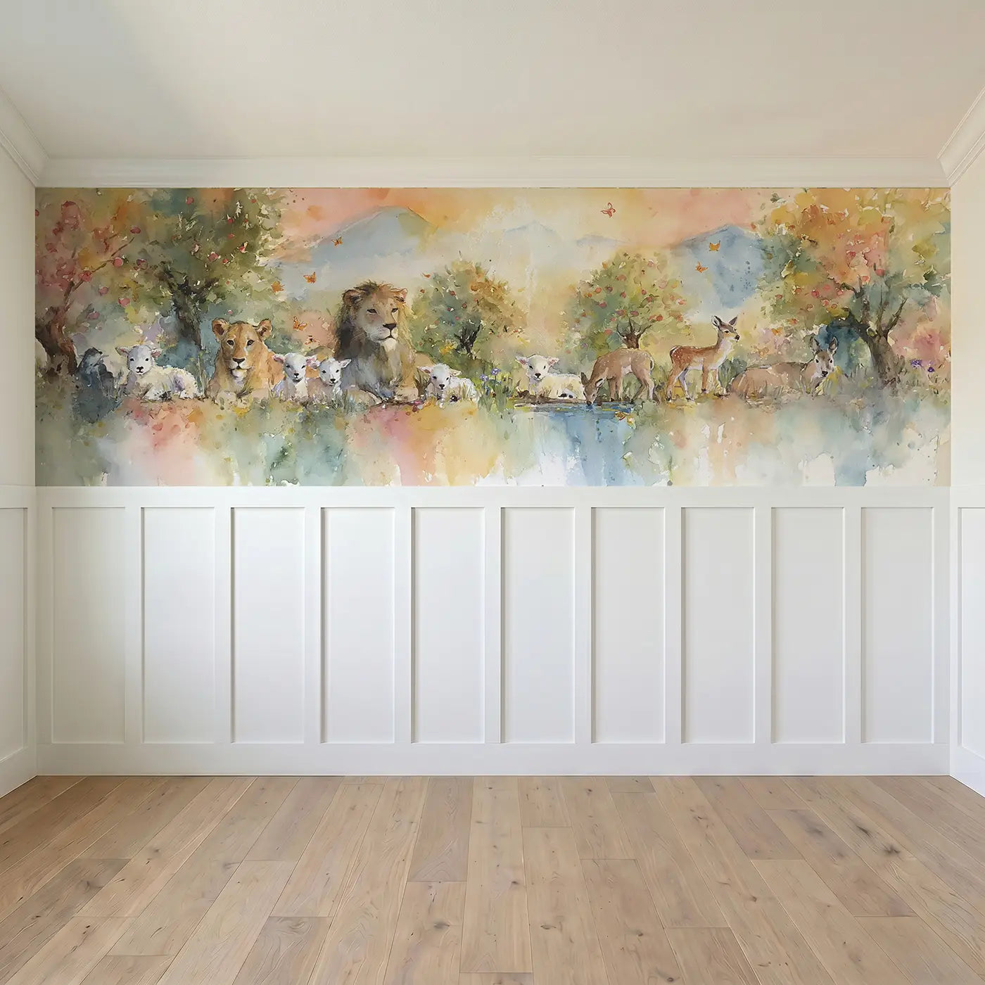Full panel view of Creation Garden Gentle Dawn Wainscoting Wallpaper by Whimsy Tots