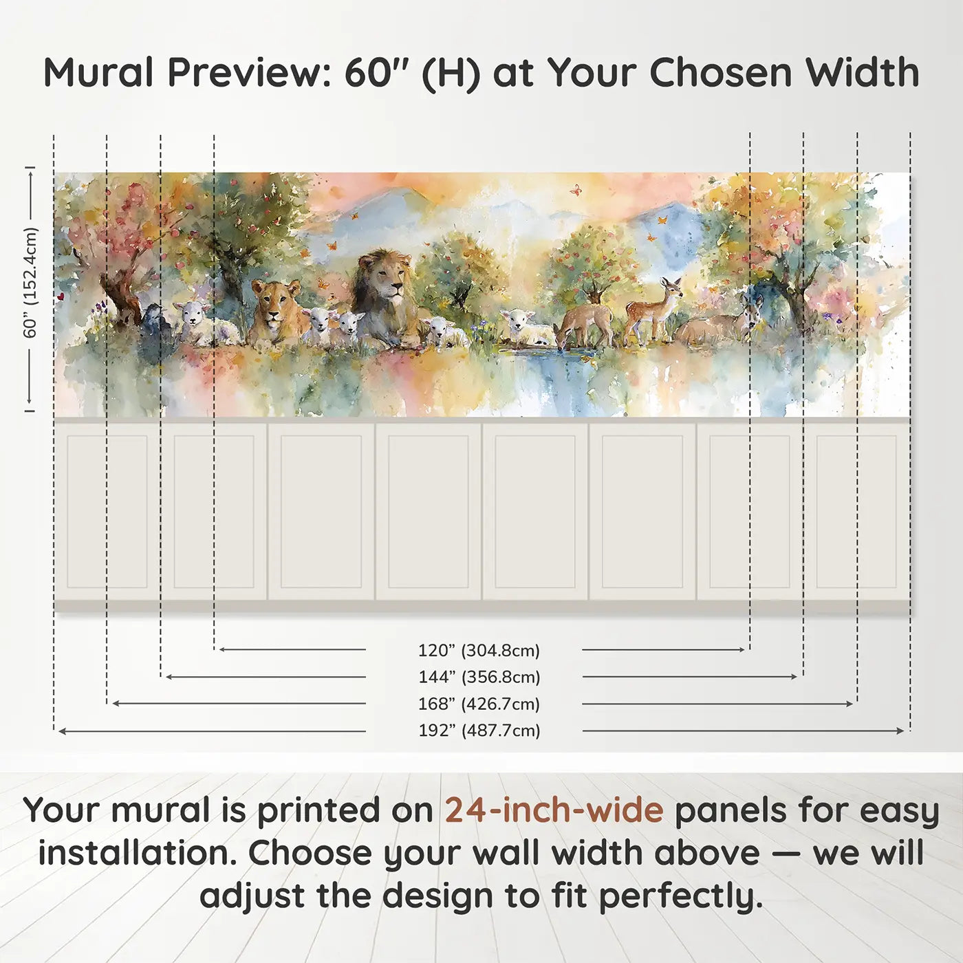 Panel dimensions for Creation Garden Gentle Dawn Wainscoting Wallpaper by Whimsy Tots