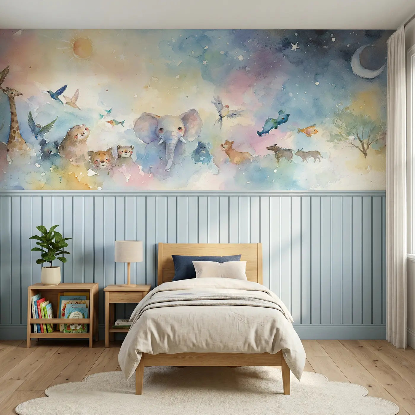 Watercolor creation six days celestial wainscoting wallpaper for bedroom by Whimsy Tots.