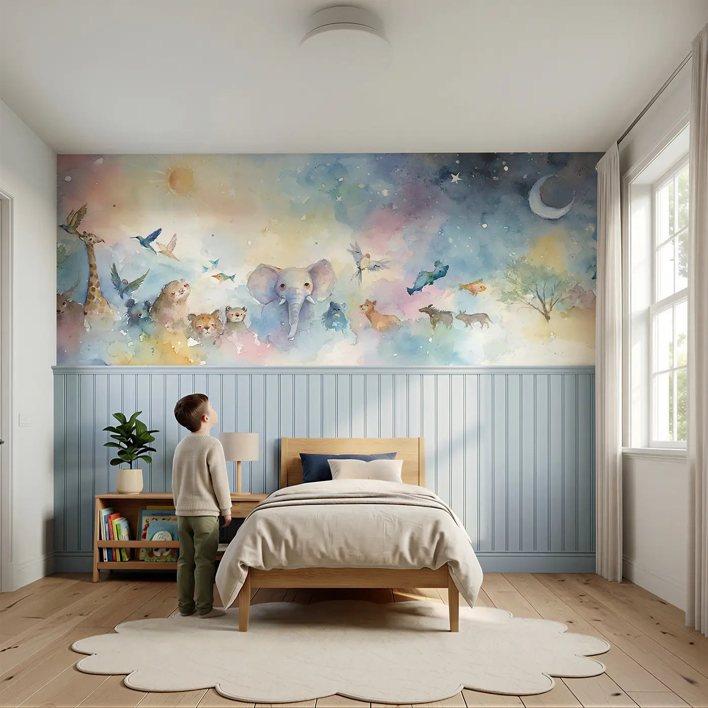 Child reading near Creation Six Days Celestial Wainscoting Wallpaper by Whimsy Tots