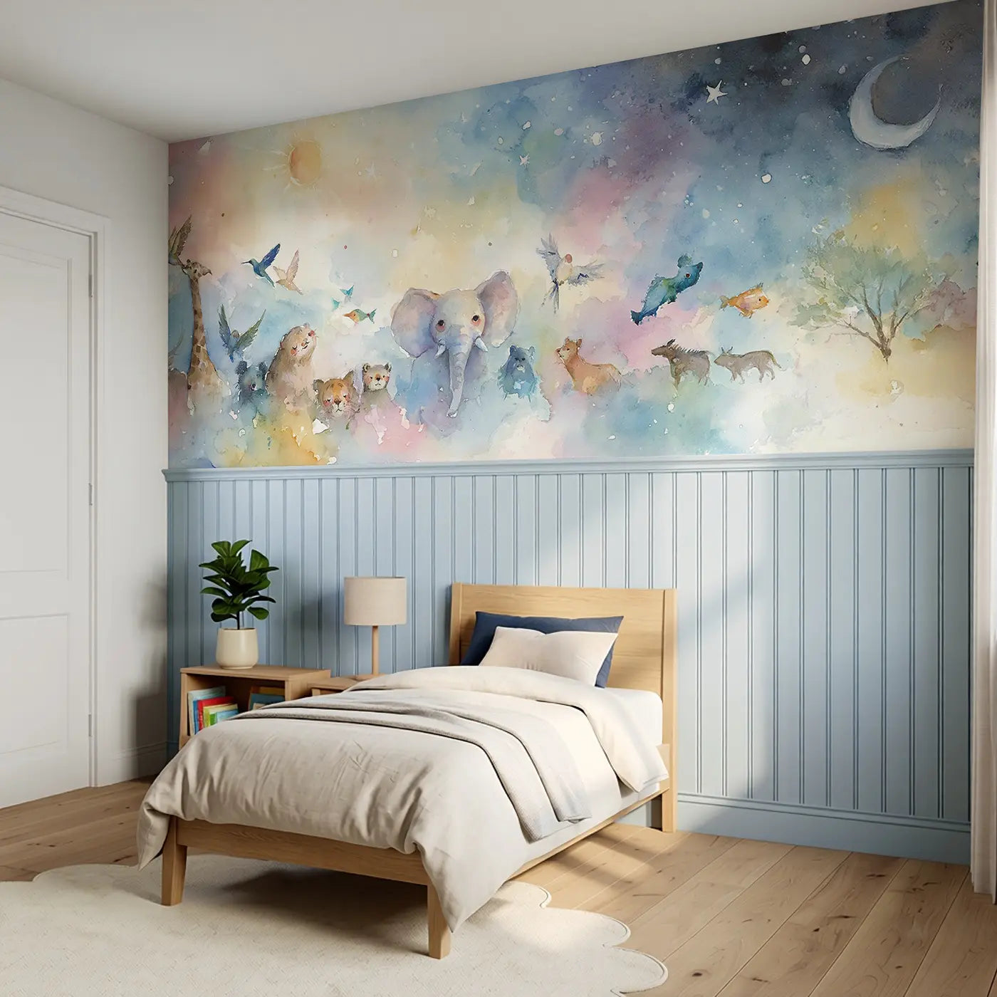 Creation Six Days Celestial Wainscoting Wallpaper styled in a kids bedroom by Whimsy Tots