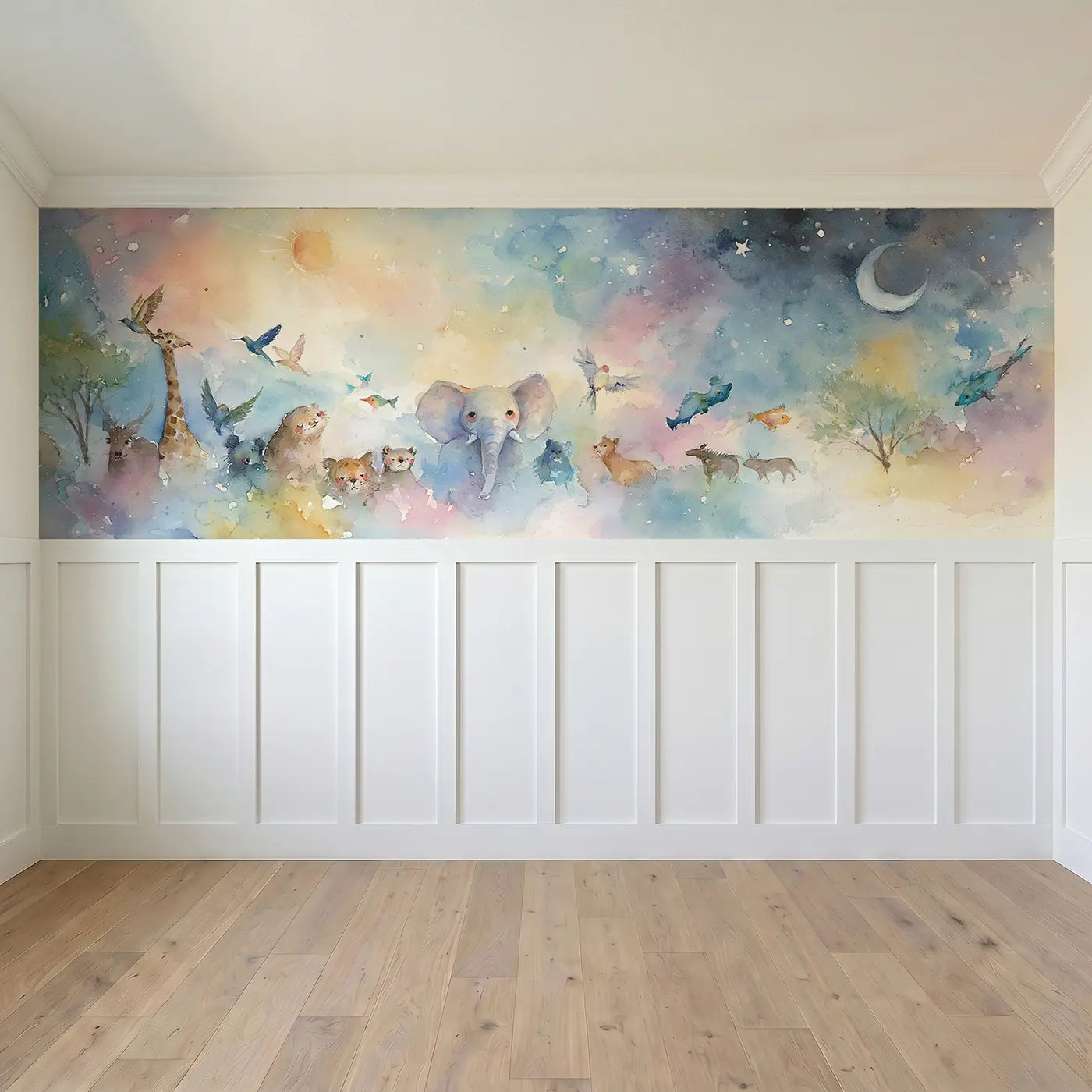Full panel view of Creation Six Days Celestial Wainscoting Wallpaper by Whimsy Tots
