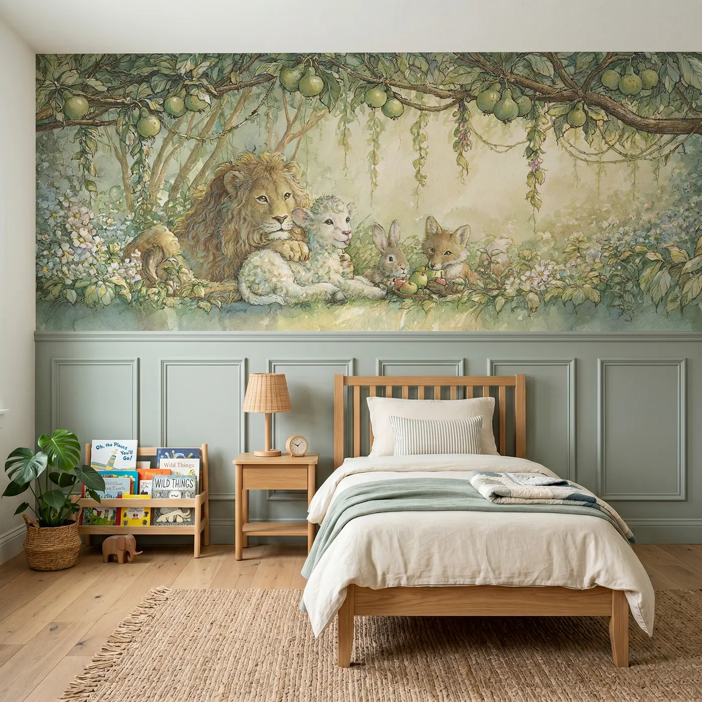 Storybook garden Eden animal friends wainscoting wallpaper for bedroom by Whimsy Tots.
