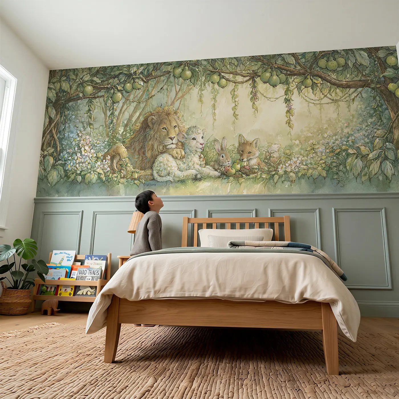 Child reading near Garden Eden Animal Friends Wainscoting Wallpaper by Whimsy Tots