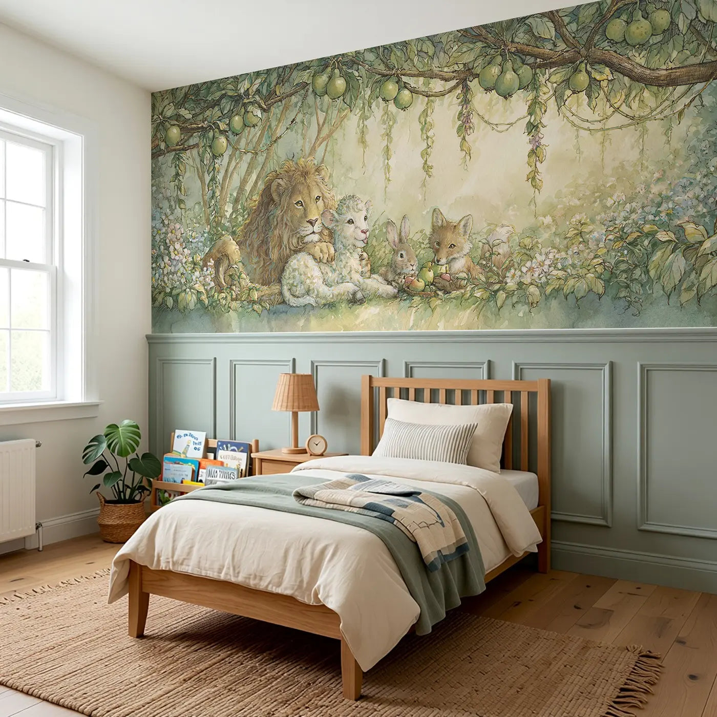Garden Eden Animal Friends Wainscoting Wallpaper styled in a kids bedroom by Whimsy Tots