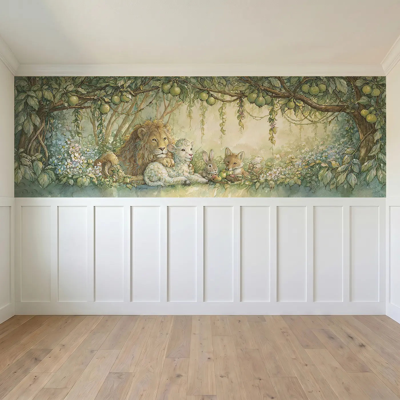 Full panel view of Garden Eden Animal Friends Wainscoting Wallpaper by Whimsy Tots