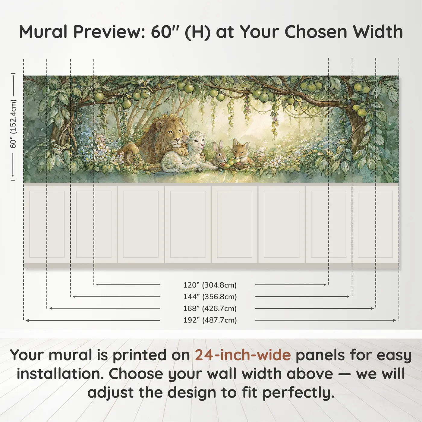 Panel dimensions for Garden Eden Animal Friends Wainscoting Wallpaper by Whimsy Tots
