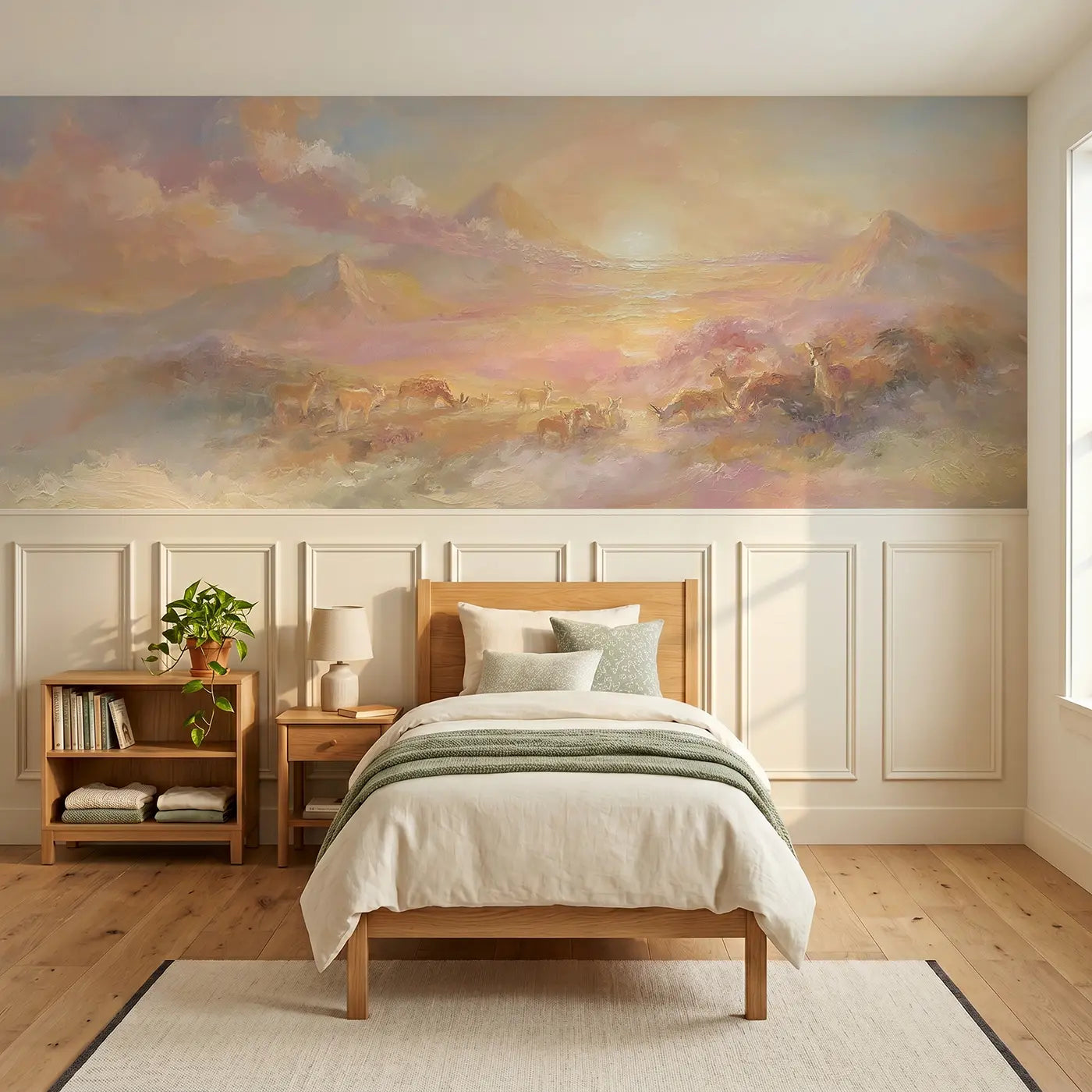 Painted Landscape creation sunrise majestic oil wainscoting wallpaper for bedroom by Whimsy Tots.