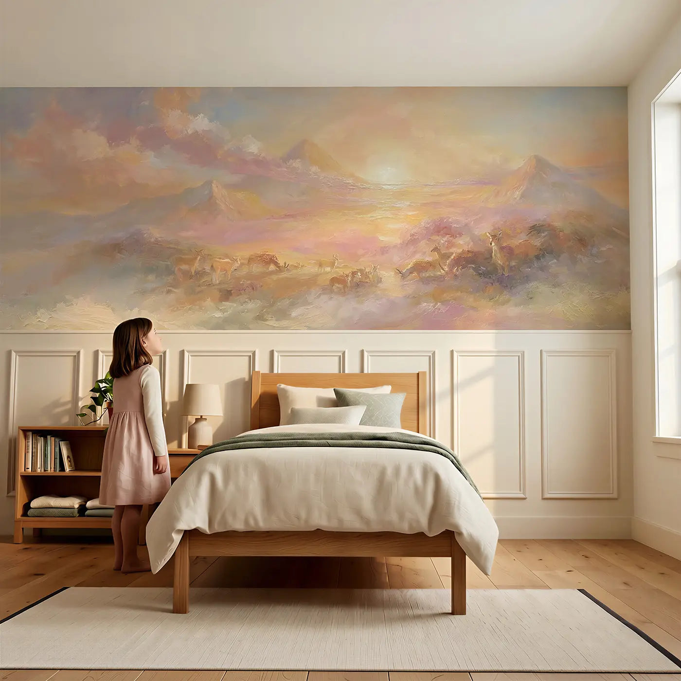 Child reading near Creation Sunrise Majestic Oil Wainscoting Wallpaper by Whimsy Tots