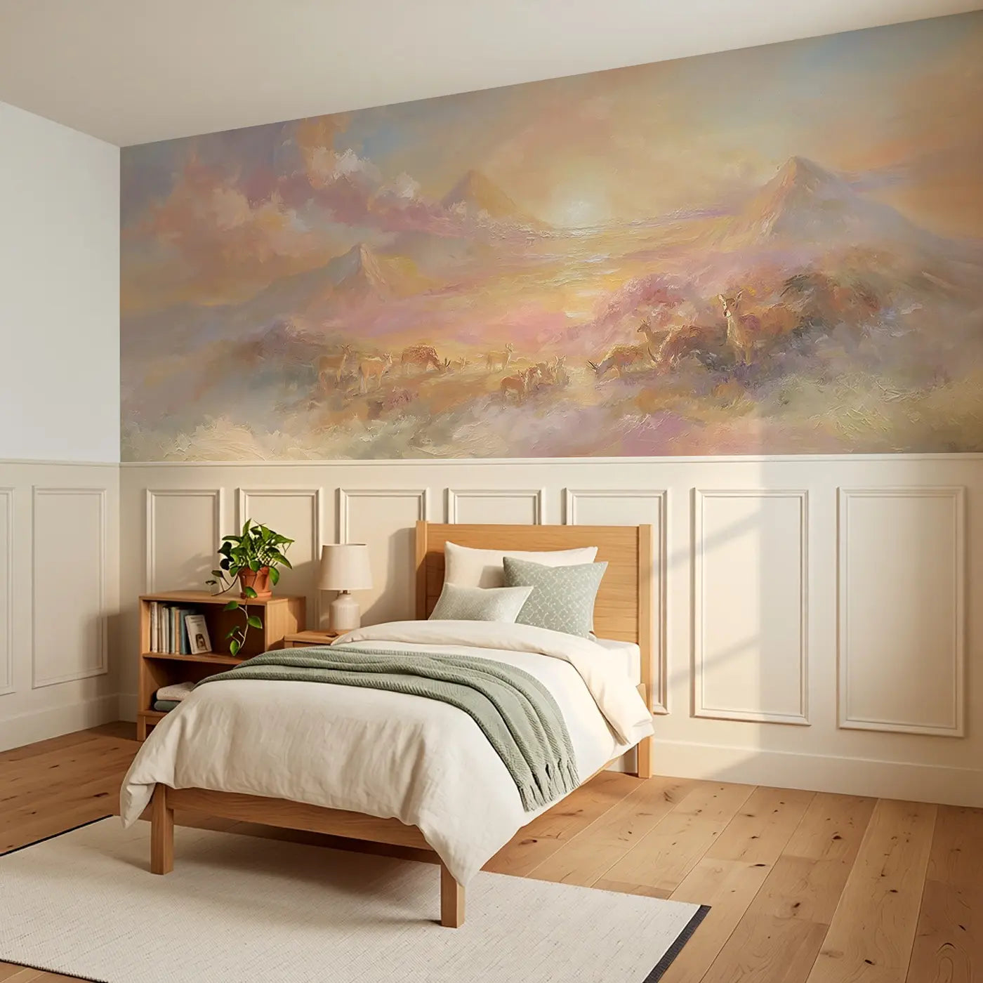 Creation Sunrise Majestic Oil Wainscoting Wallpaper styled in a kids bedroom by Whimsy Tots