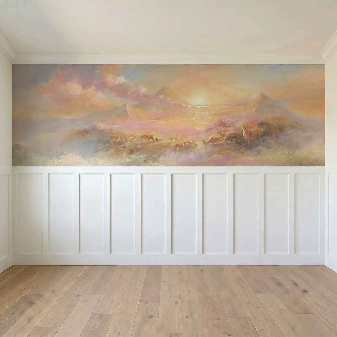 Full panel view of Creation Sunrise Majestic Oil Wainscoting Wallpaper by Whimsy Tots