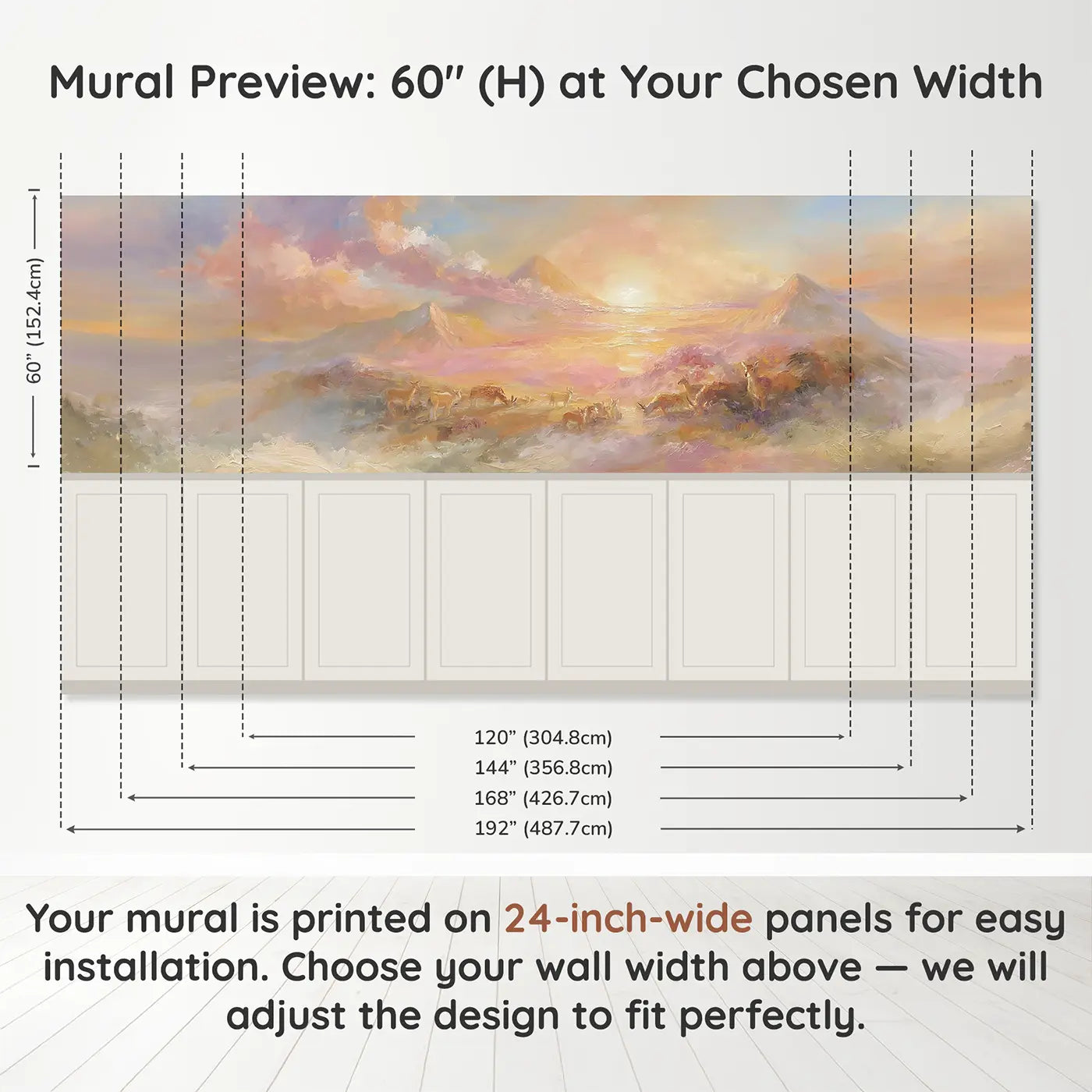 Panel dimensions for Creation Sunrise Majestic Oil Wainscoting Wallpaper by Whimsy Tots