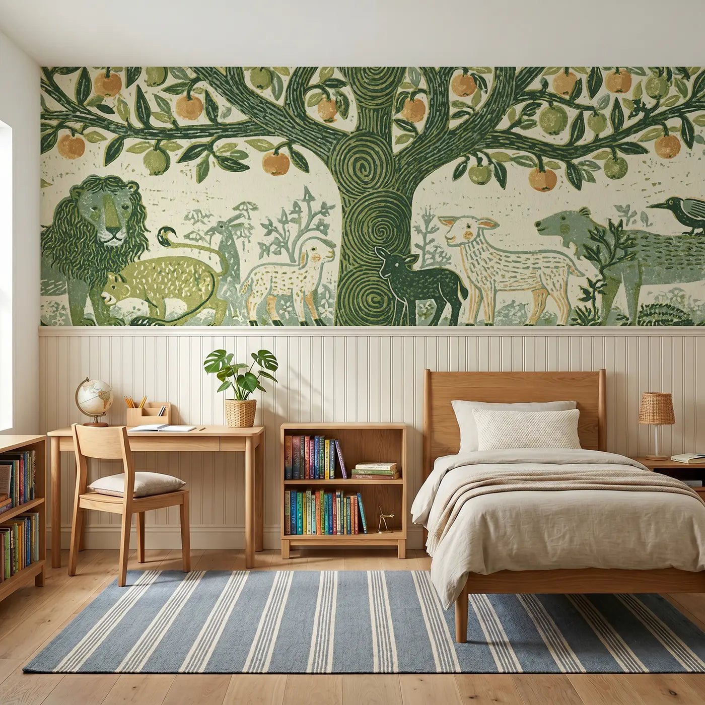 Block Print carved tree life Eden wainscoting wallpaper for bedroom by Whimsy Tots.