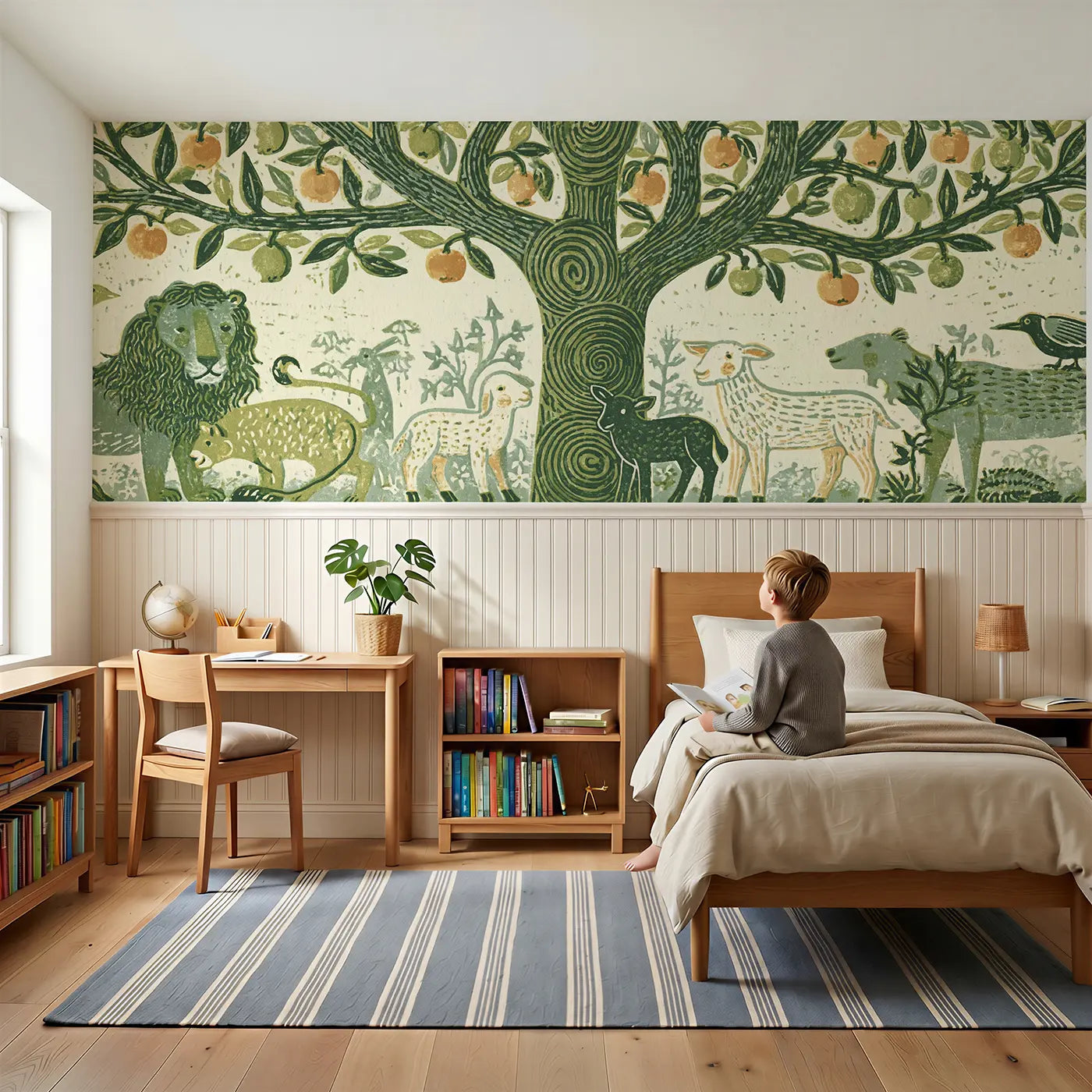 Child reading near Carved Tree Life Eden Wainscoting Wallpaper by Whimsy Tots