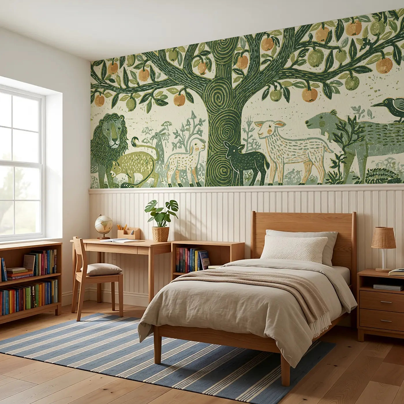 Carved Tree Life Eden Wainscoting Wallpaper styled in a kids bedroom by Whimsy Tots