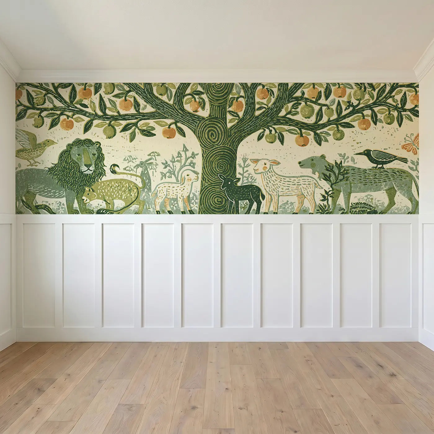 Full panel view of Carved Tree Life Eden Wainscoting Wallpaper by Whimsy Tots