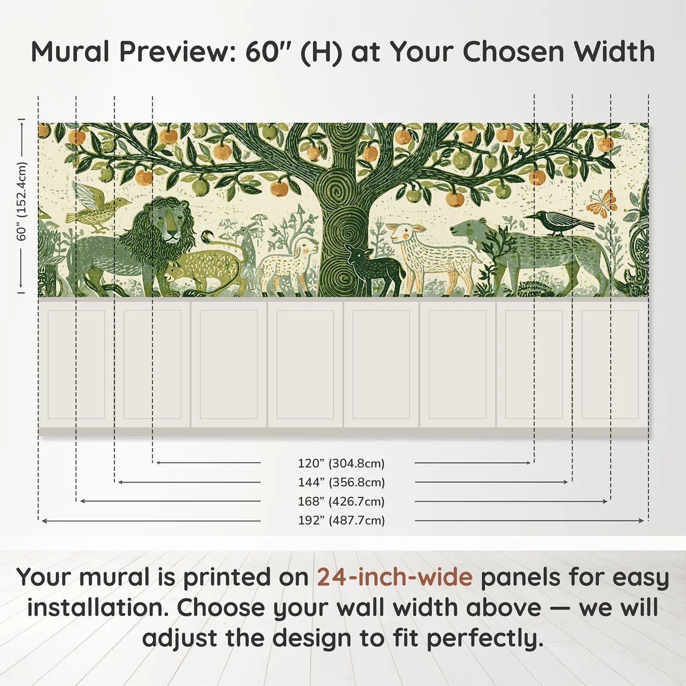 Panel dimensions for Carved Tree Life Eden Wainscoting Wallpaper by Whimsy Tots