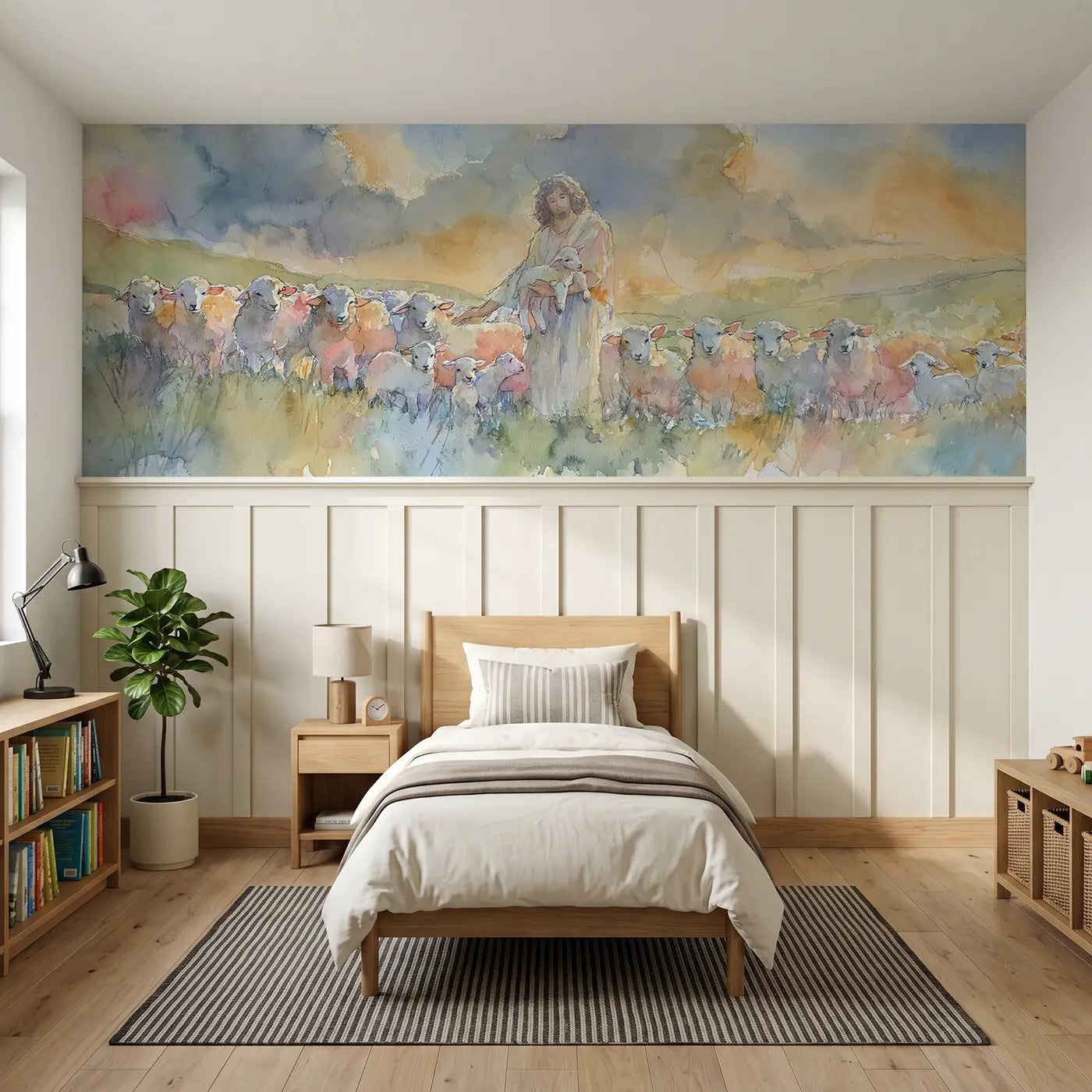 Watercolor good shepherd meadow lambs wainscoting wallpaper for bedroom by Whimsy Tots.