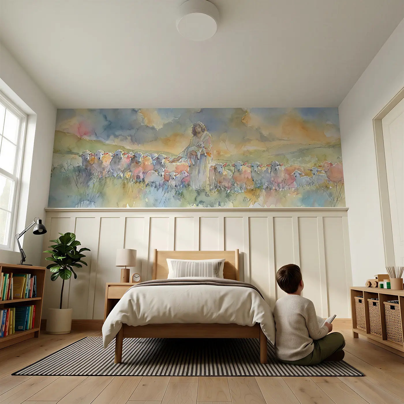 Child reading near Good Shepherd Meadow Lambs Wainscoting Wallpaper by Whimsy Tots