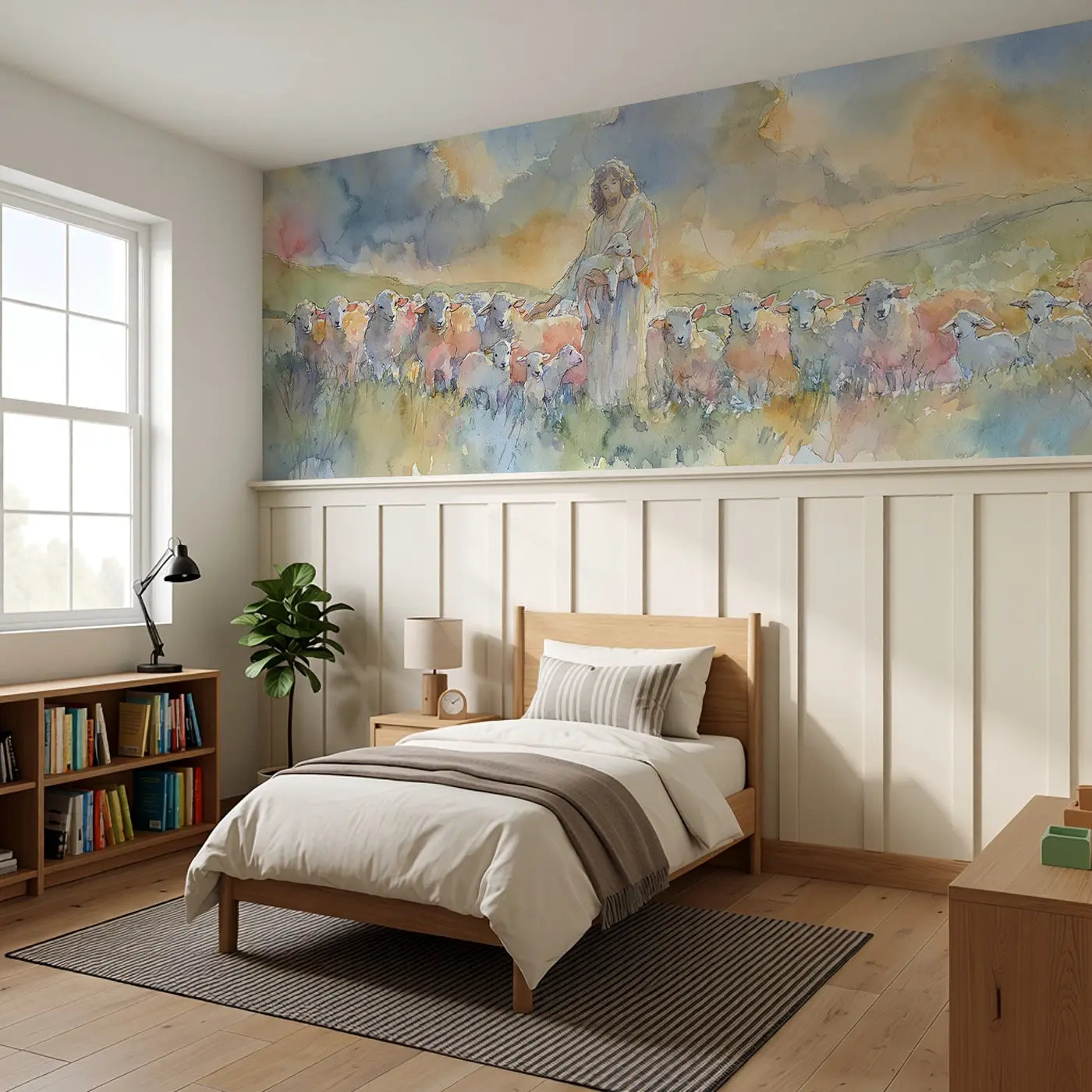 Good Shepherd Meadow Lambs Wainscoting Wallpaper styled in a kids bedroom by Whimsy Tots