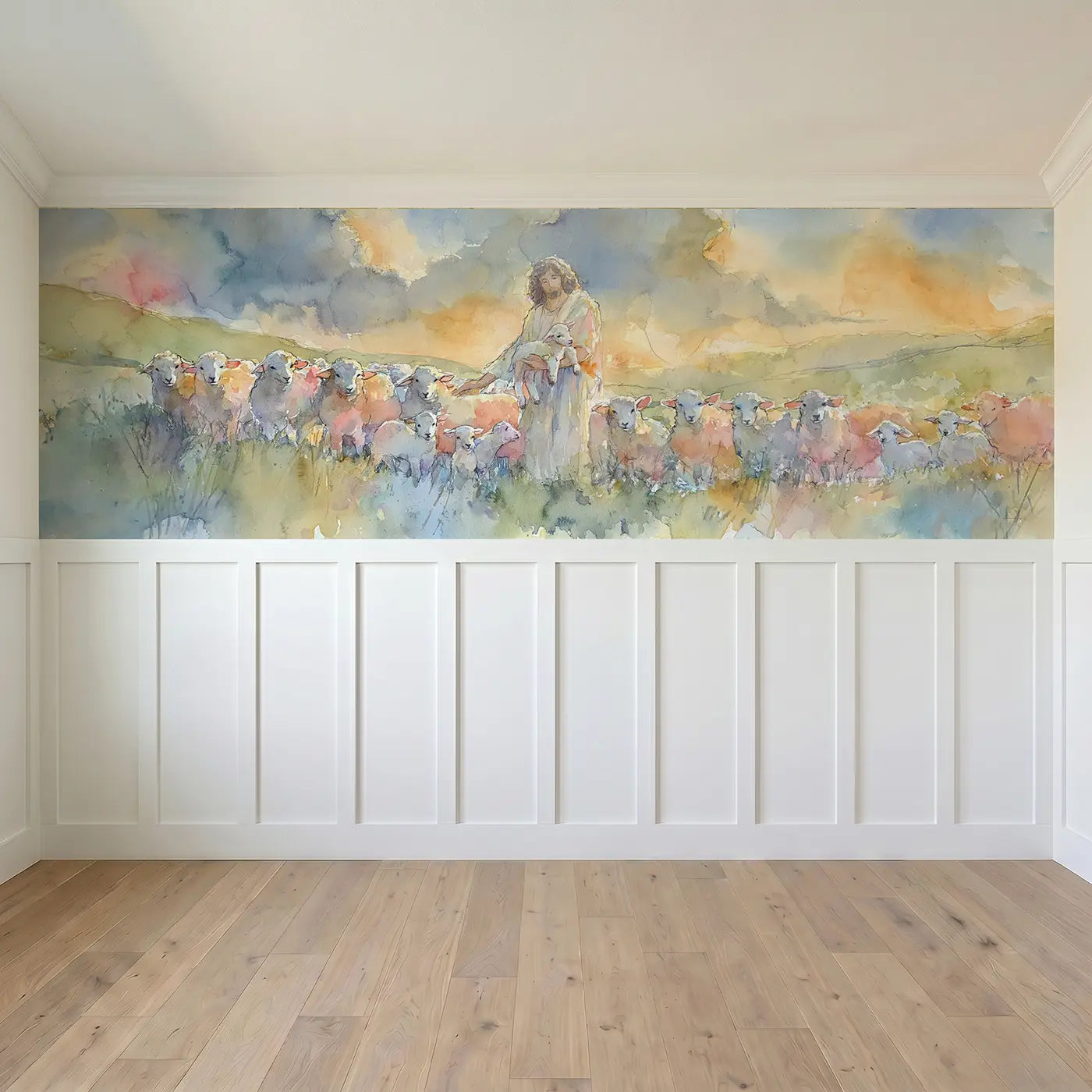 Full panel view of Good Shepherd Meadow Lambs Wainscoting Wallpaper by Whimsy Tots