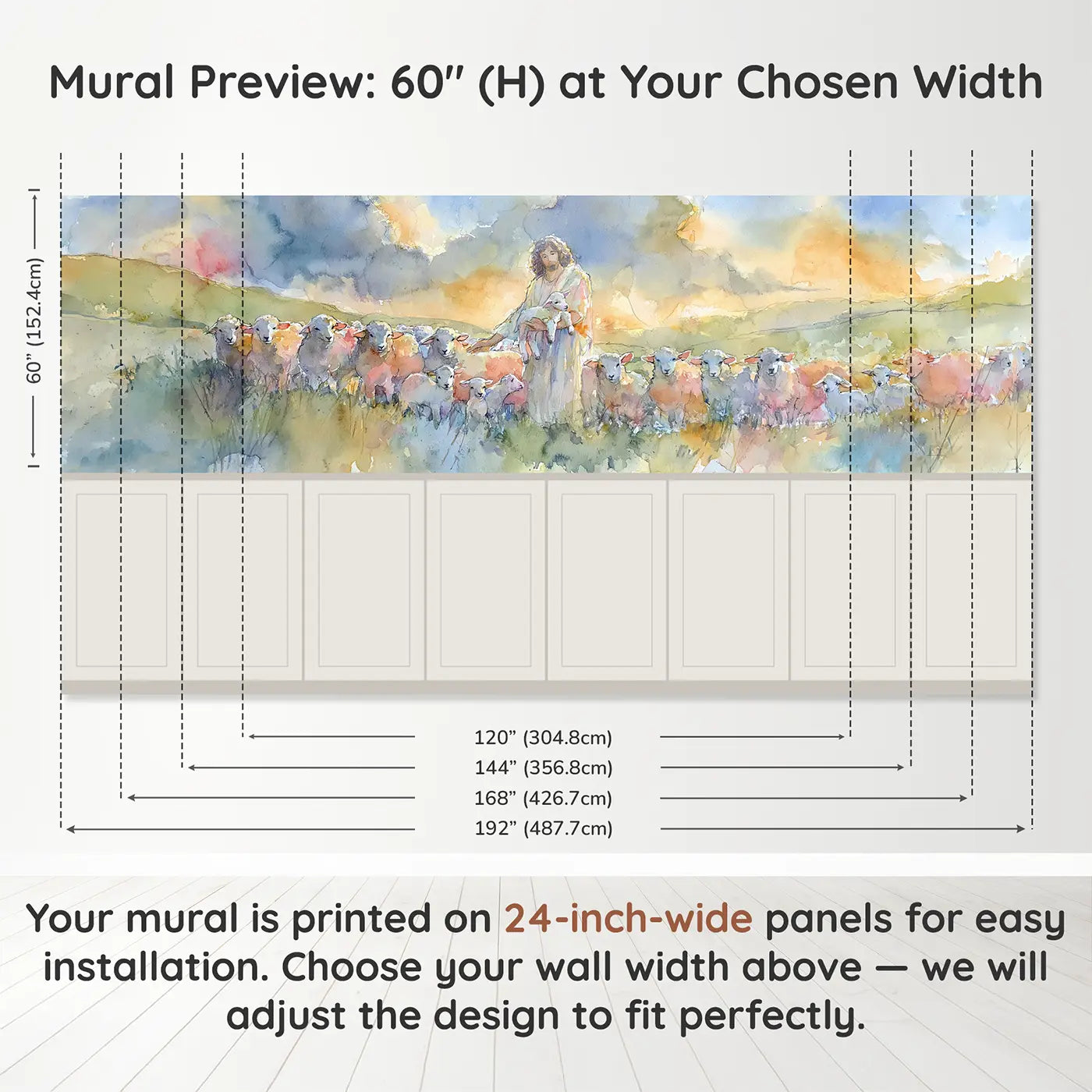 Panel dimensions for Good Shepherd Meadow Lambs Wainscoting Wallpaper by Whimsy Tots