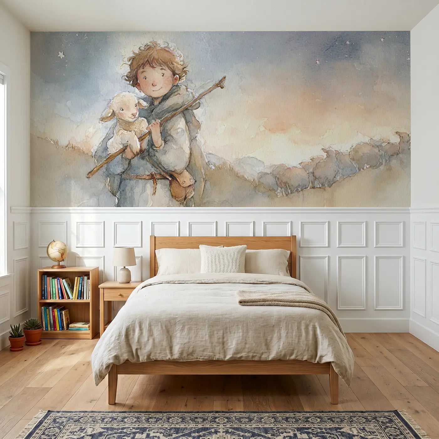 Watercolor shepherd lost lamb found wainscoting wallpaper for bedroom by Whimsy Tots.