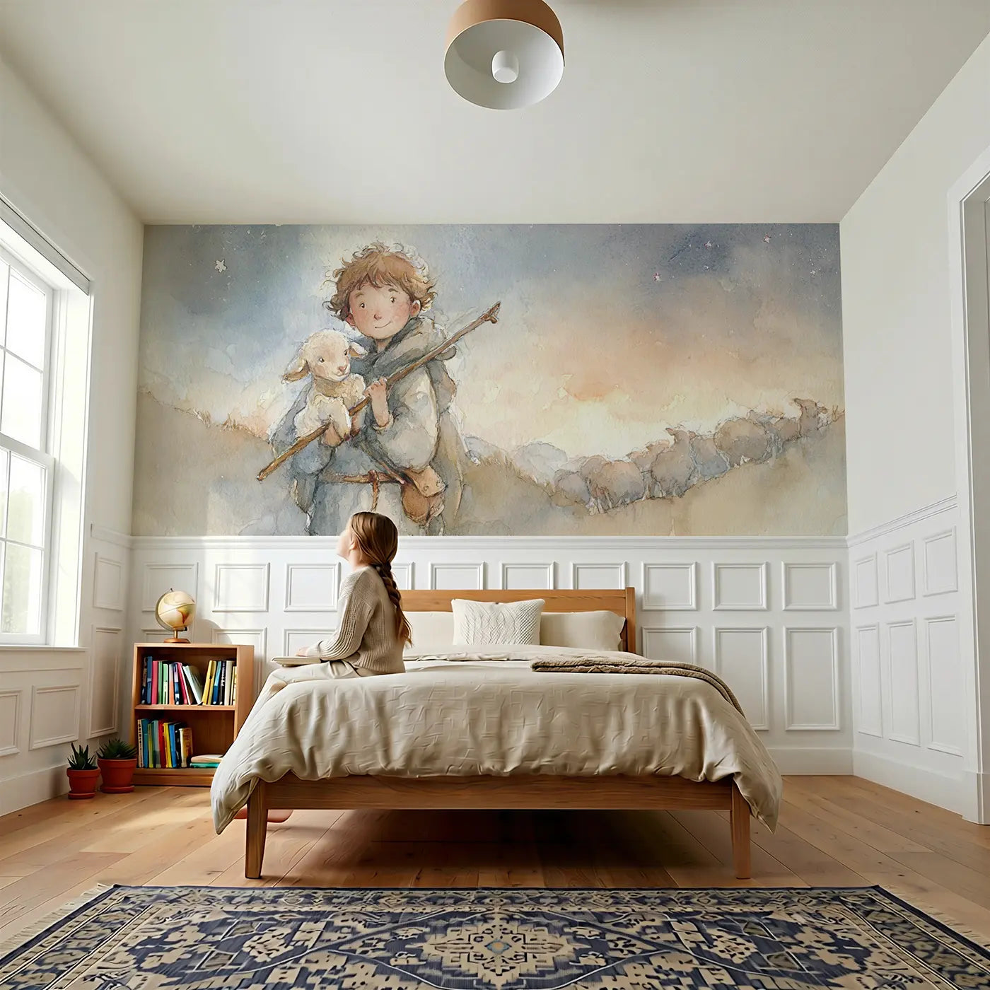 Child reading near Shepherd Lost Lamb Found Wainscoting Wallpaper by Whimsy Tots