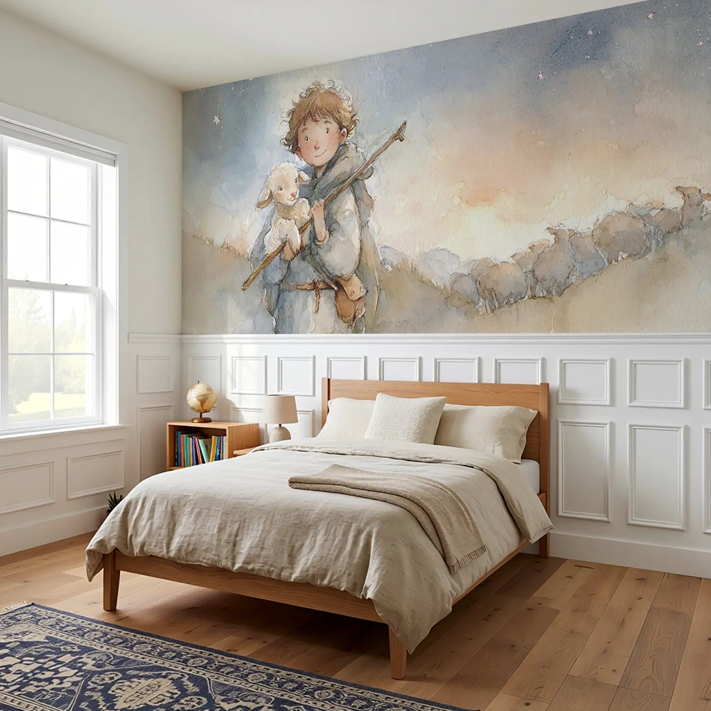 Shepherd Lost Lamb Found Wainscoting Wallpaper styled in a kids bedroom by Whimsy Tots