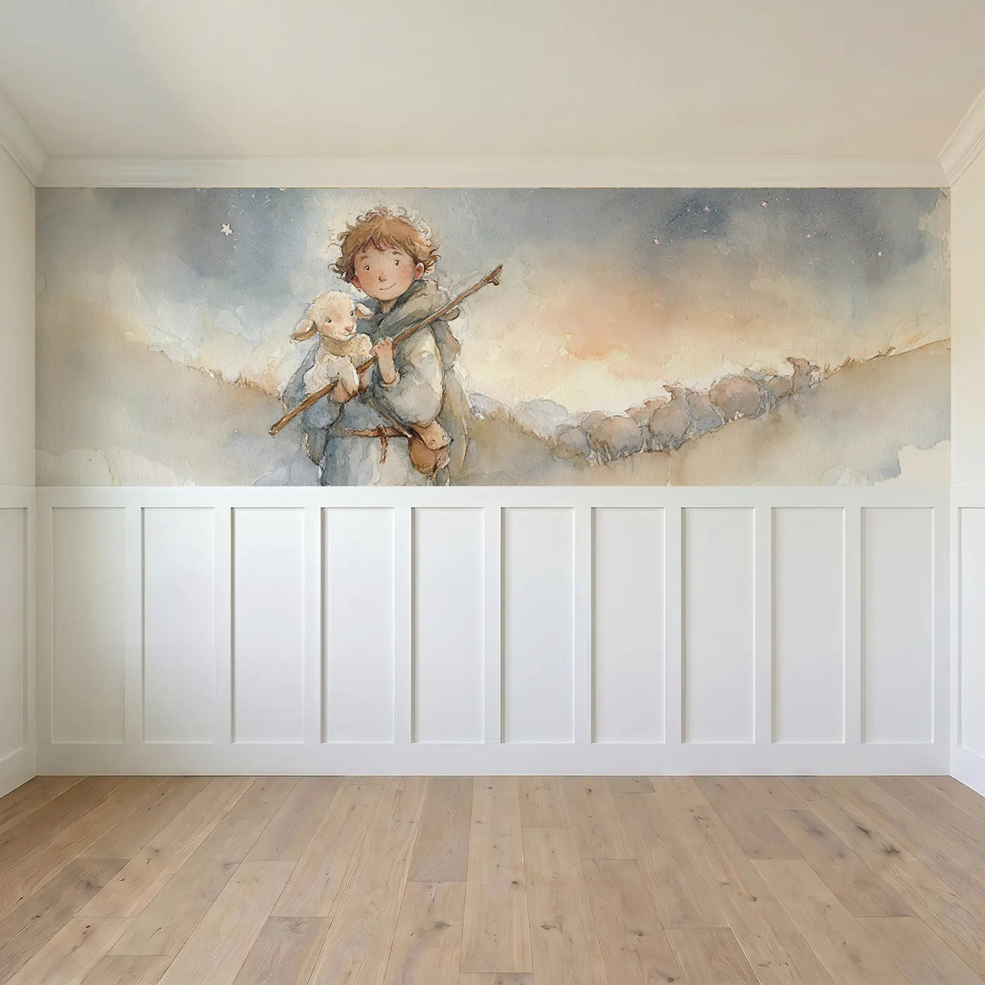 Full panel view of Shepherd Lost Lamb Found Wainscoting Wallpaper by Whimsy Tots