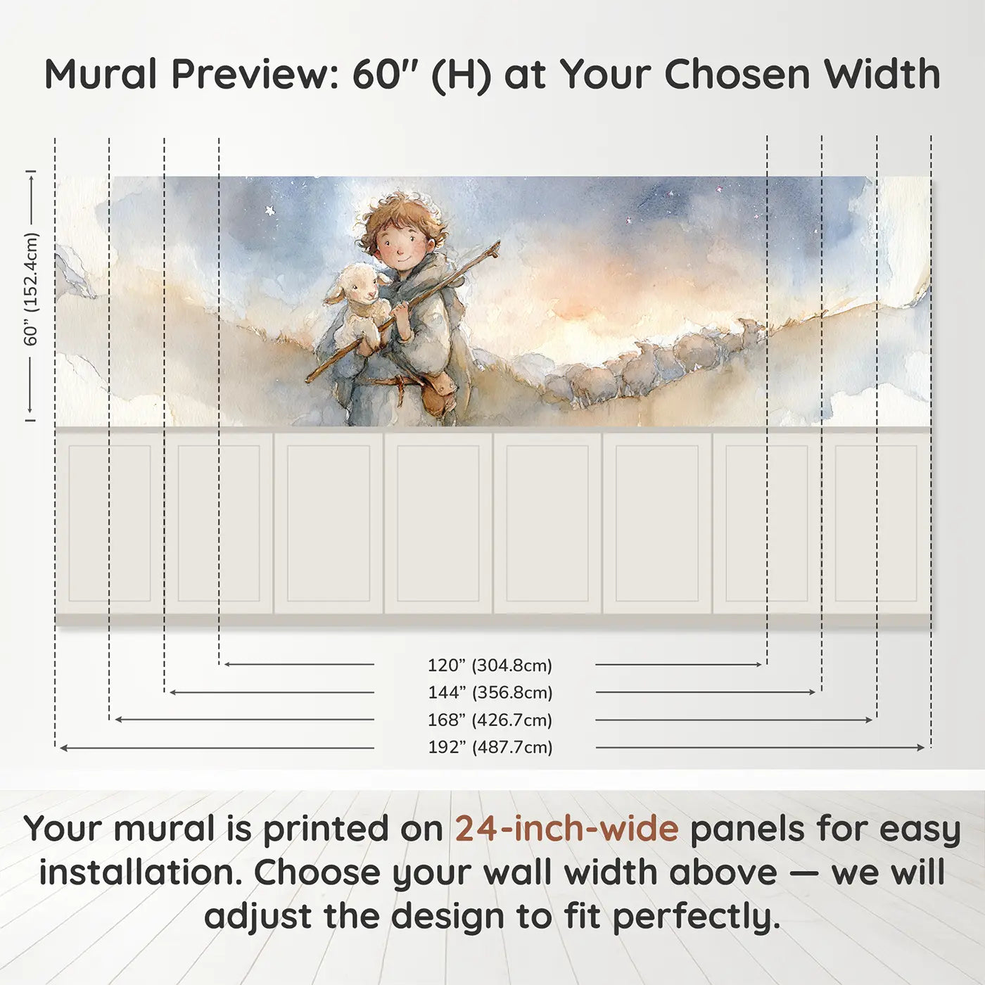 Panel dimensions for Shepherd Lost Lamb Found Wainscoting Wallpaper by Whimsy Tots