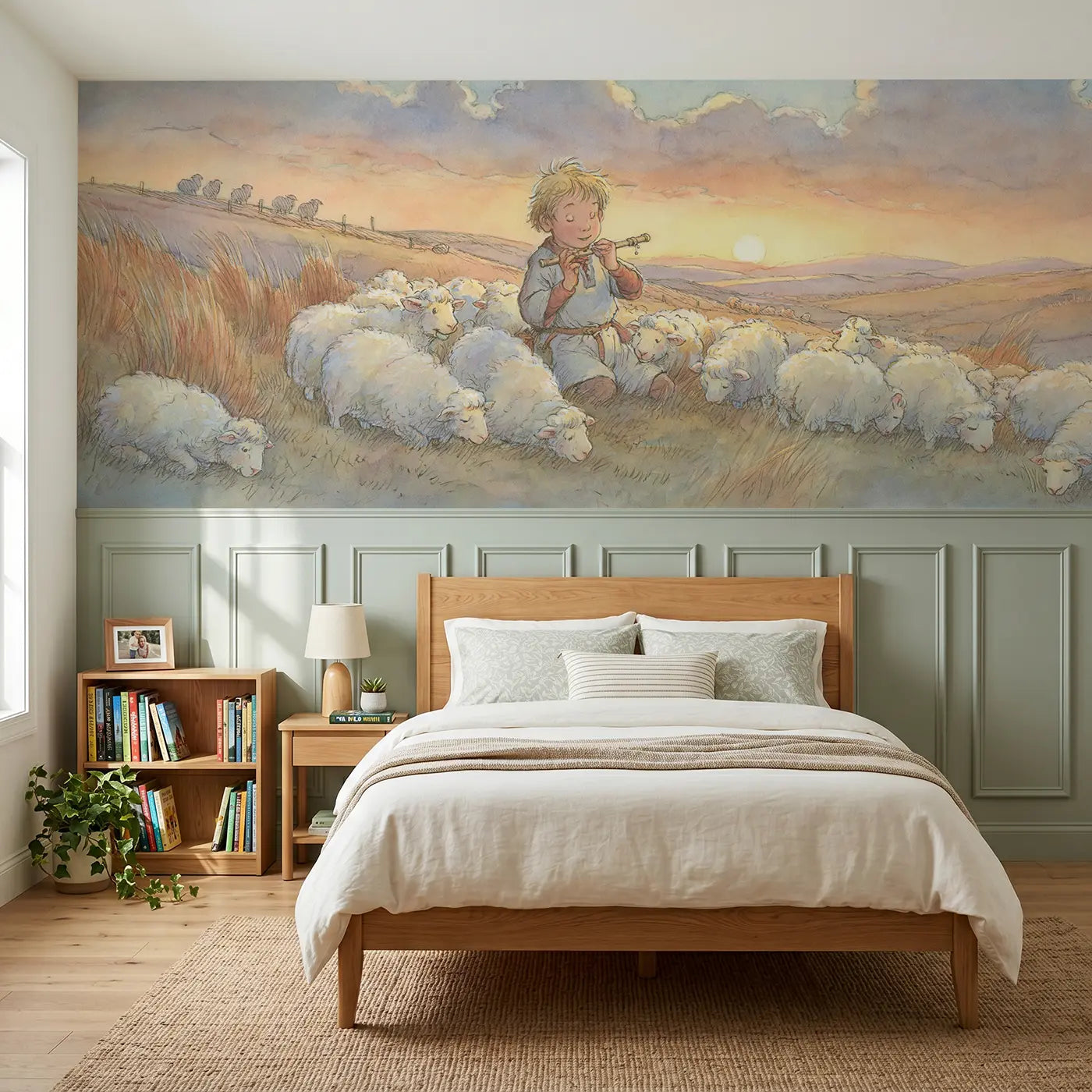 Storybook shepherd boy flock hillside wainscoting wallpaper for bedroom by Whimsy Tots.