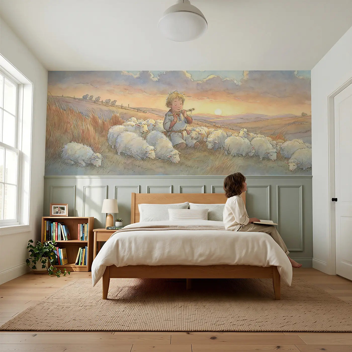 Child reading near Shepherd Boy Flock Hillside Wainscoting Wallpaper by Whimsy Tots