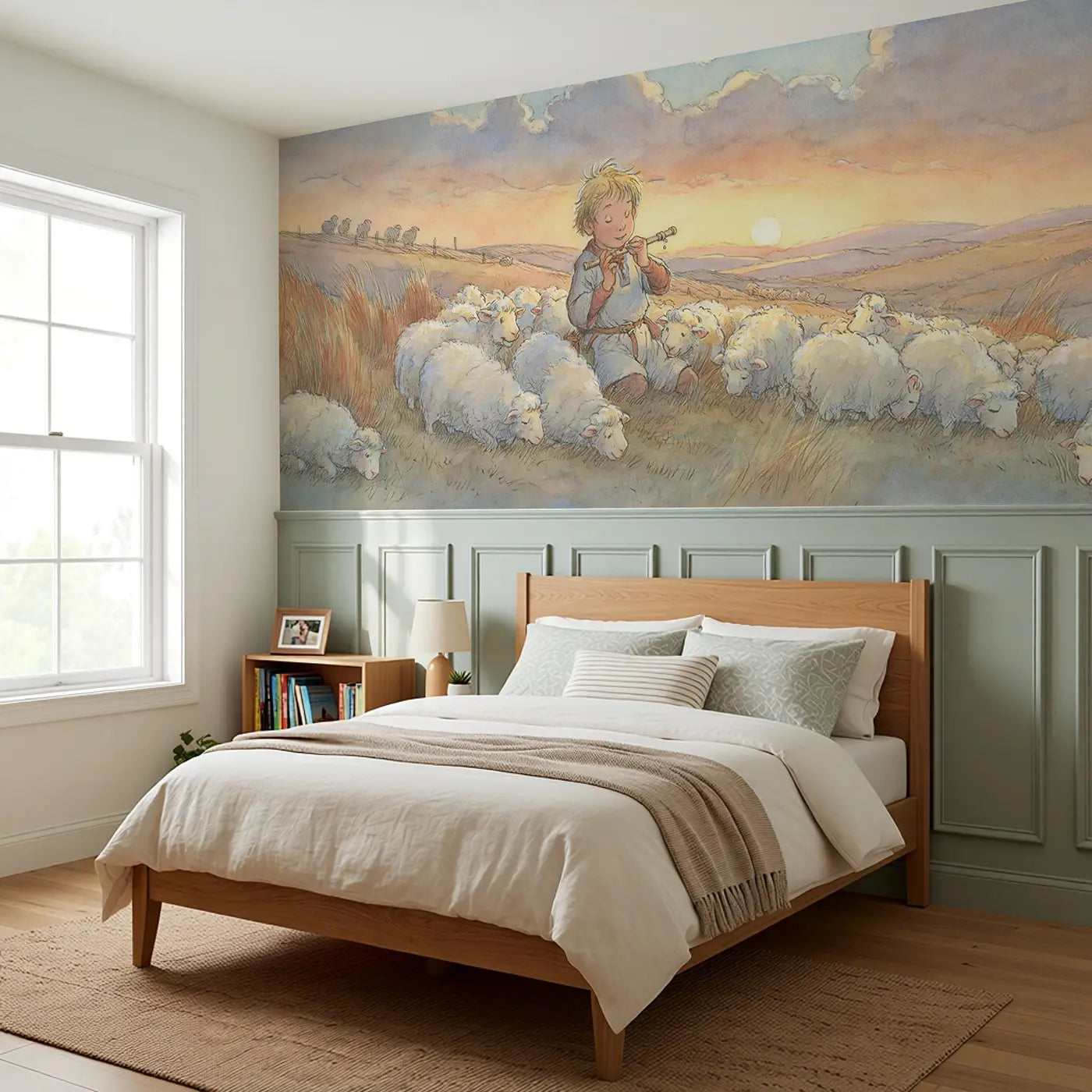 Shepherd Boy Flock Hillside Wainscoting Wallpaper styled in a kids bedroom by Whimsy Tots
