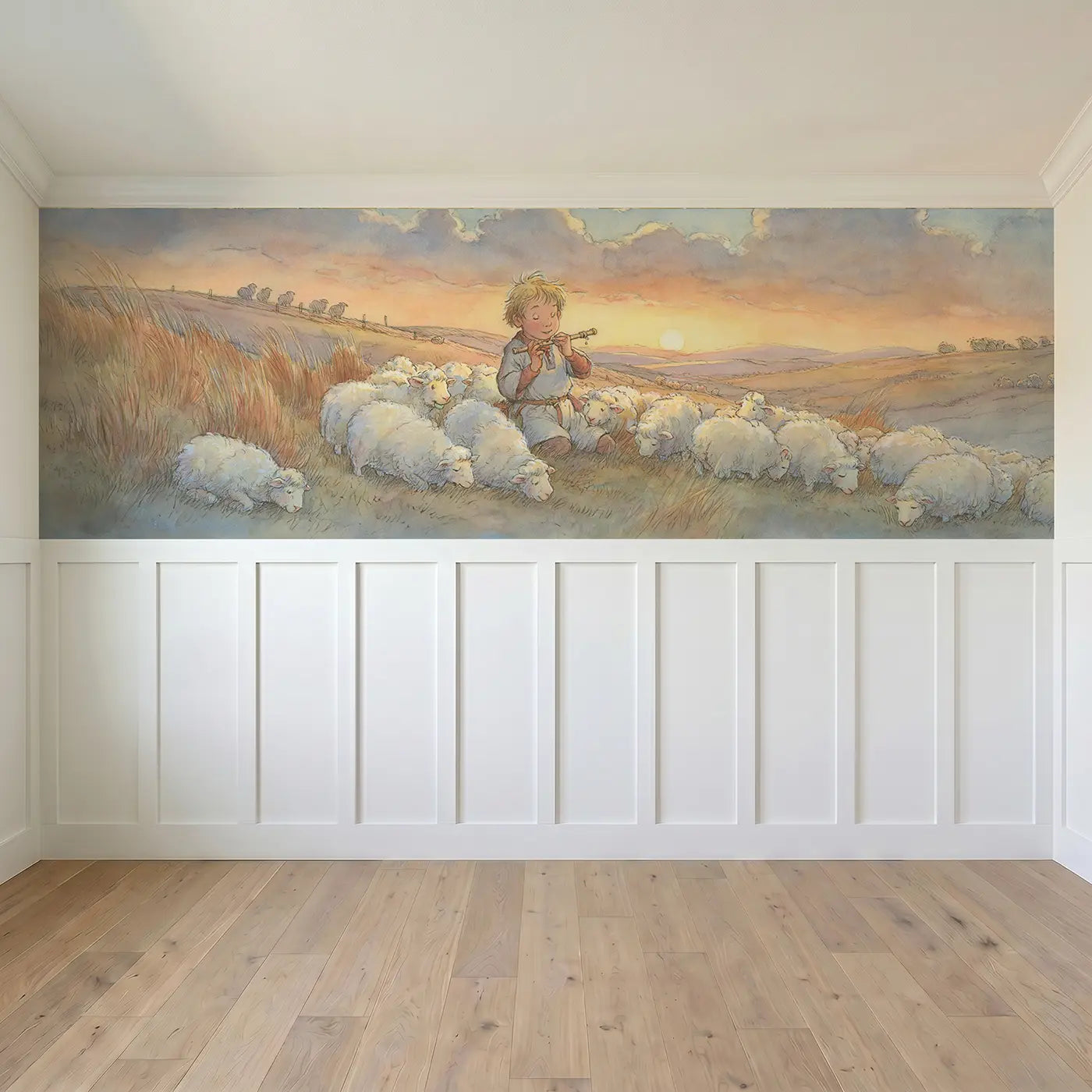Full panel view of Shepherd Boy Flock Hillside Wainscoting Wallpaper by Whimsy Tots